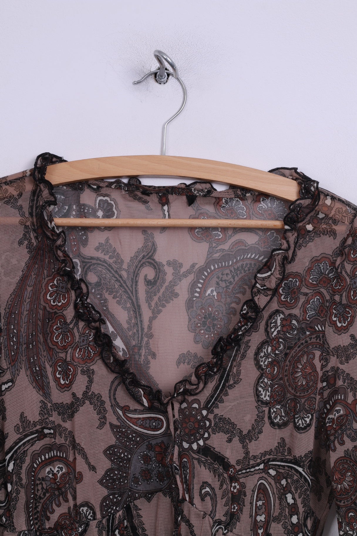 Boho Womens S Dress Brown Printed Transparent V Neck Vintage - Image 3