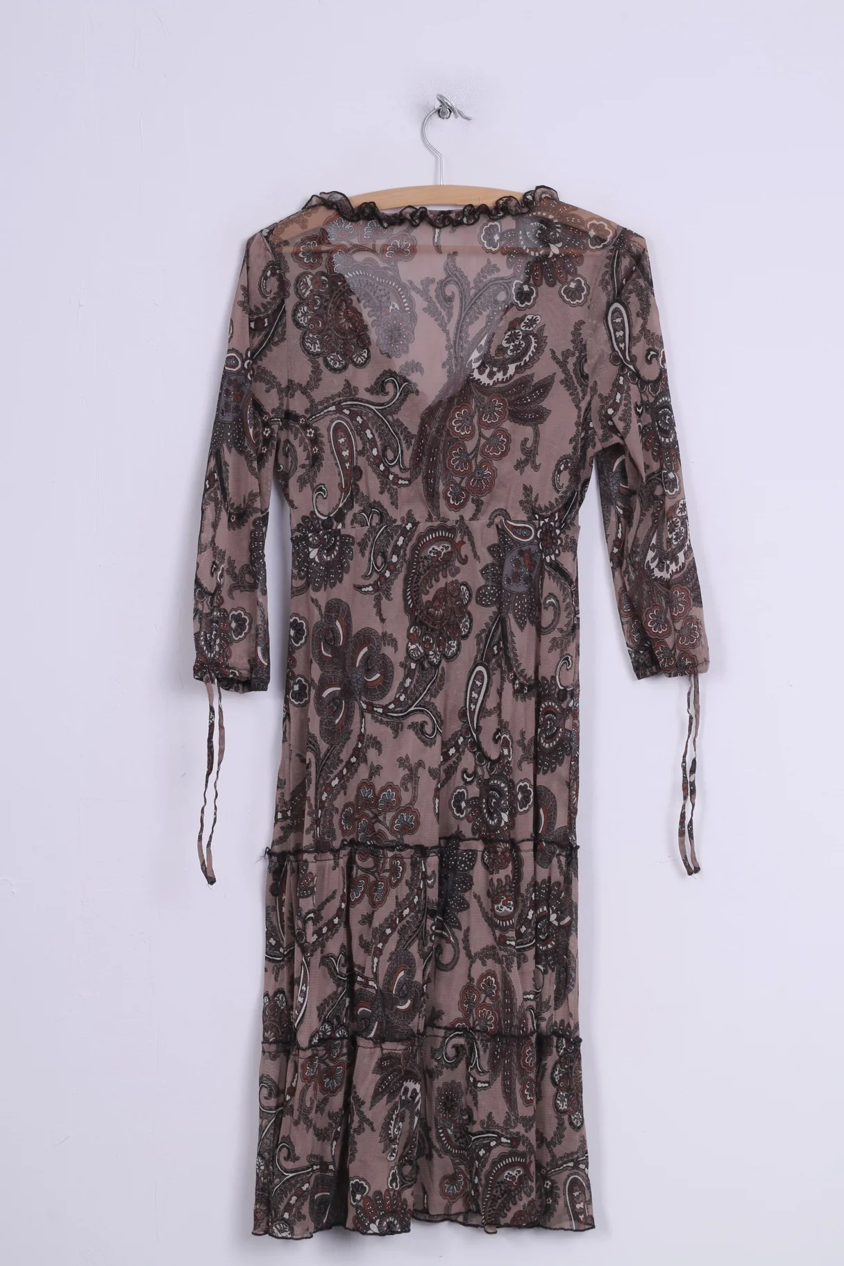 Boho Womens S Dress Brown Printed Transparent V Neck Vintage - Image 4