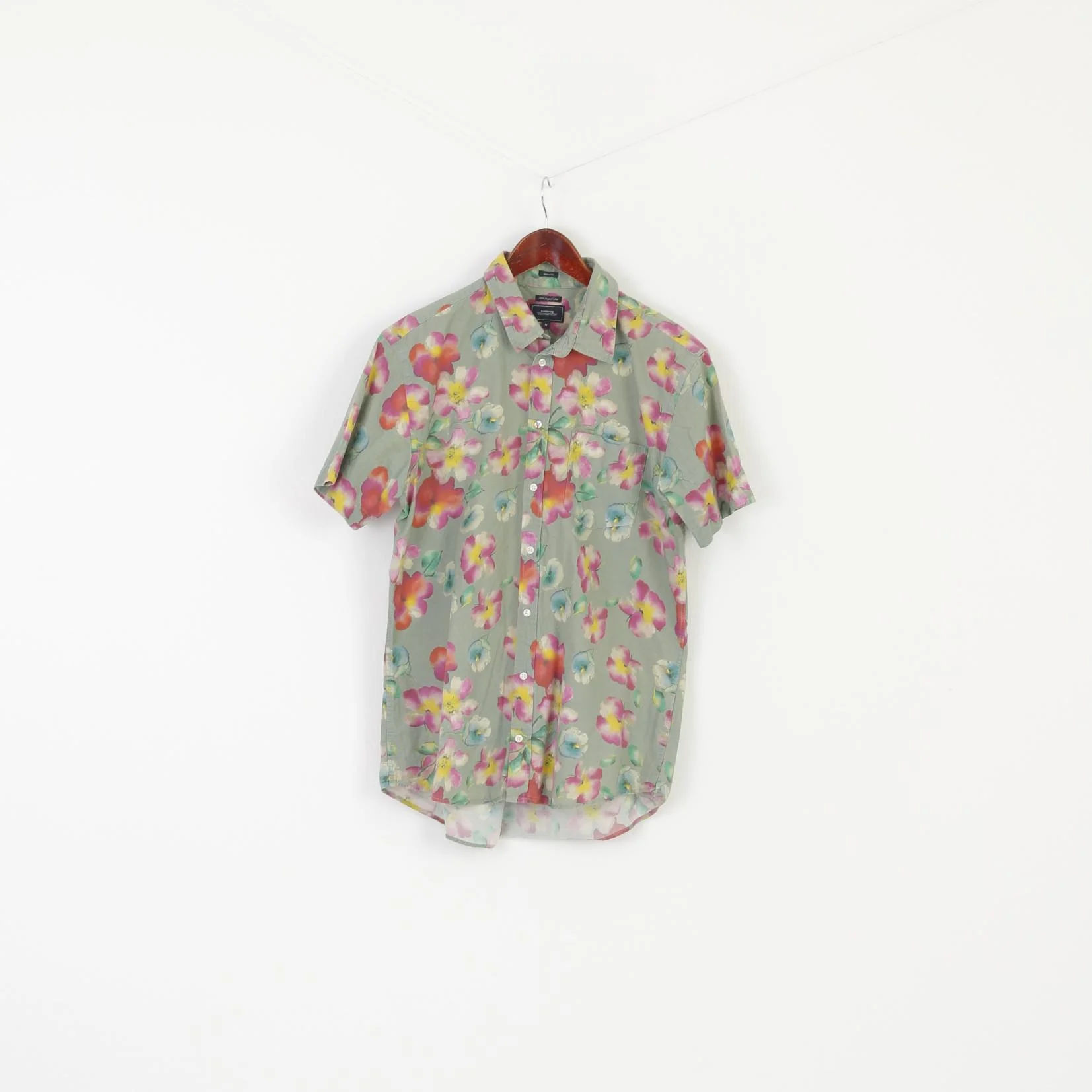Boomerang Men M Casual Shirt Green Floral Organic Cotton Tailored Fit Top