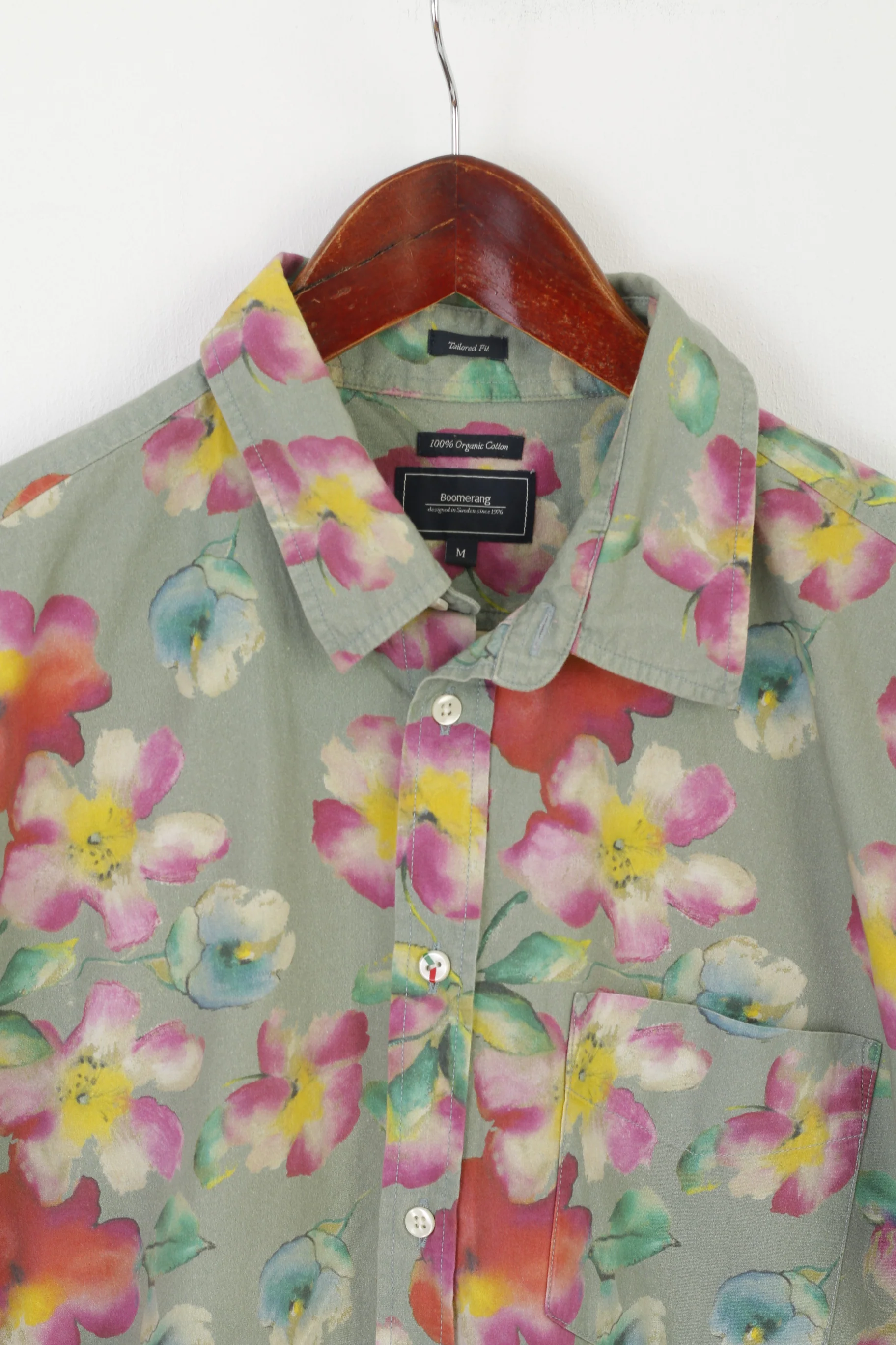 Boomerang Men M Casual Shirt Green Floral Organic Cotton Tailored Fit Top - Image 2