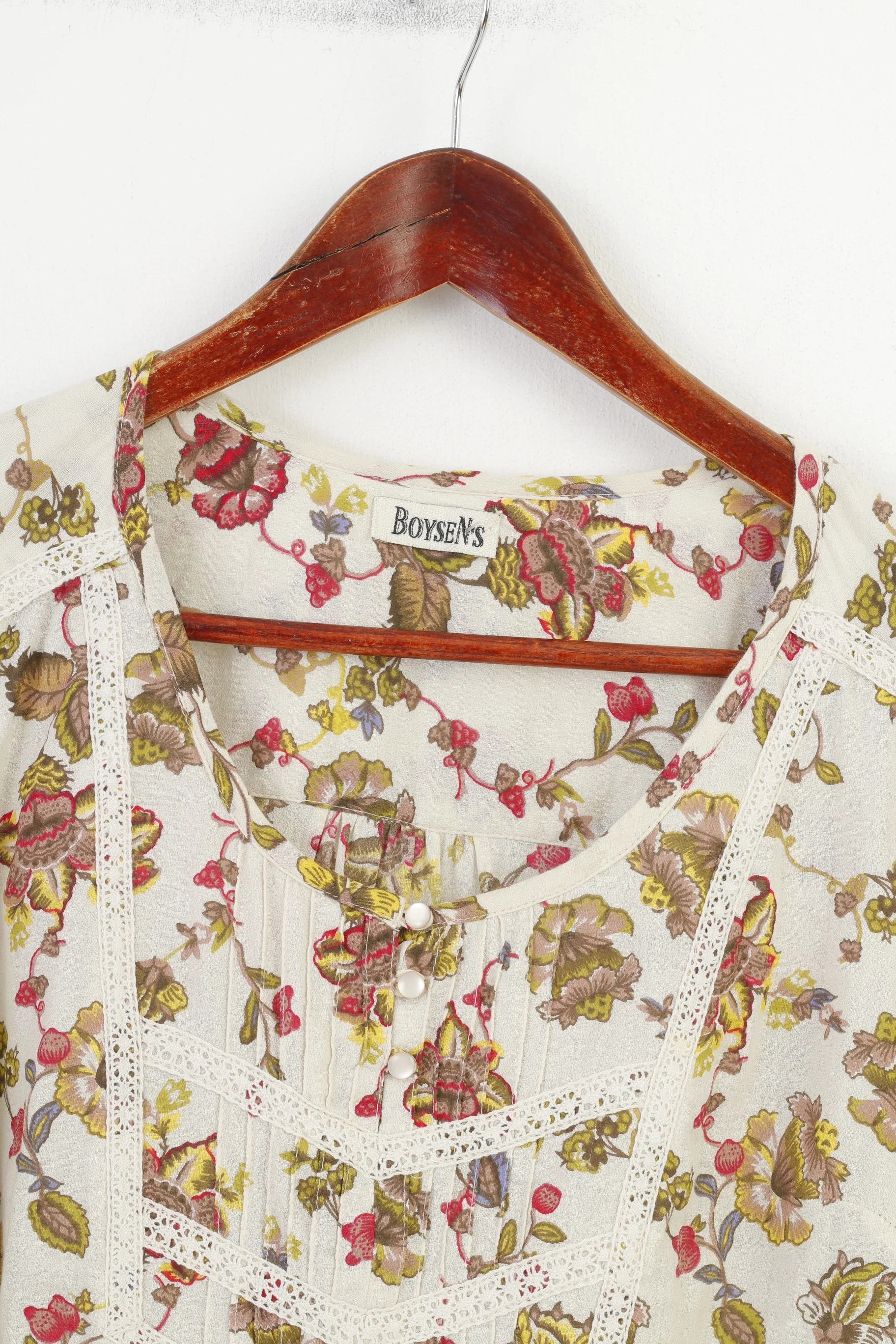 Boysen's Women M Blouse Flowers Print Beige Crew Neck 7/8 Sleeve Bottoms Short Sleeve Top - Image 2