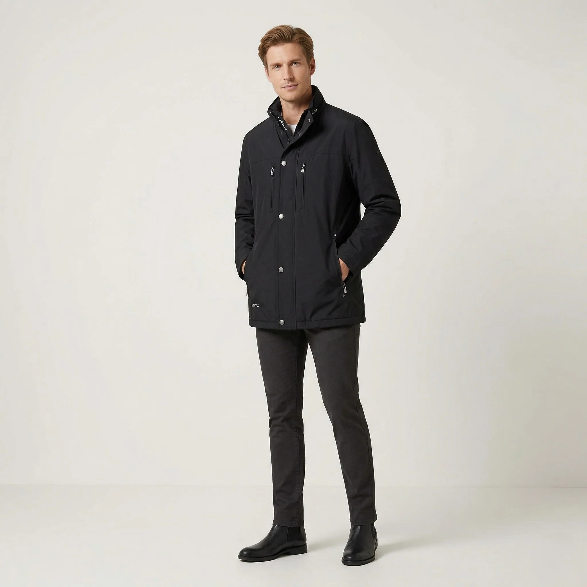 Bugatti Men 26 L Jacket Black Long Gore-Tex Full Zipper Lightweight Vintage Relax Top