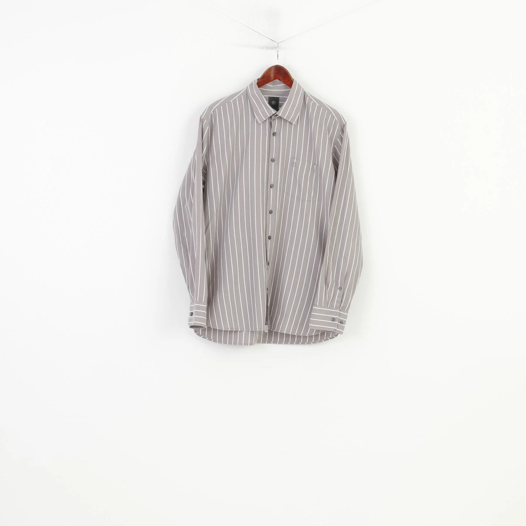 Bugatti Men L 16.5 Casual Shirt Grey Cotton Striped Detailed Buttons Long Sleeve Top