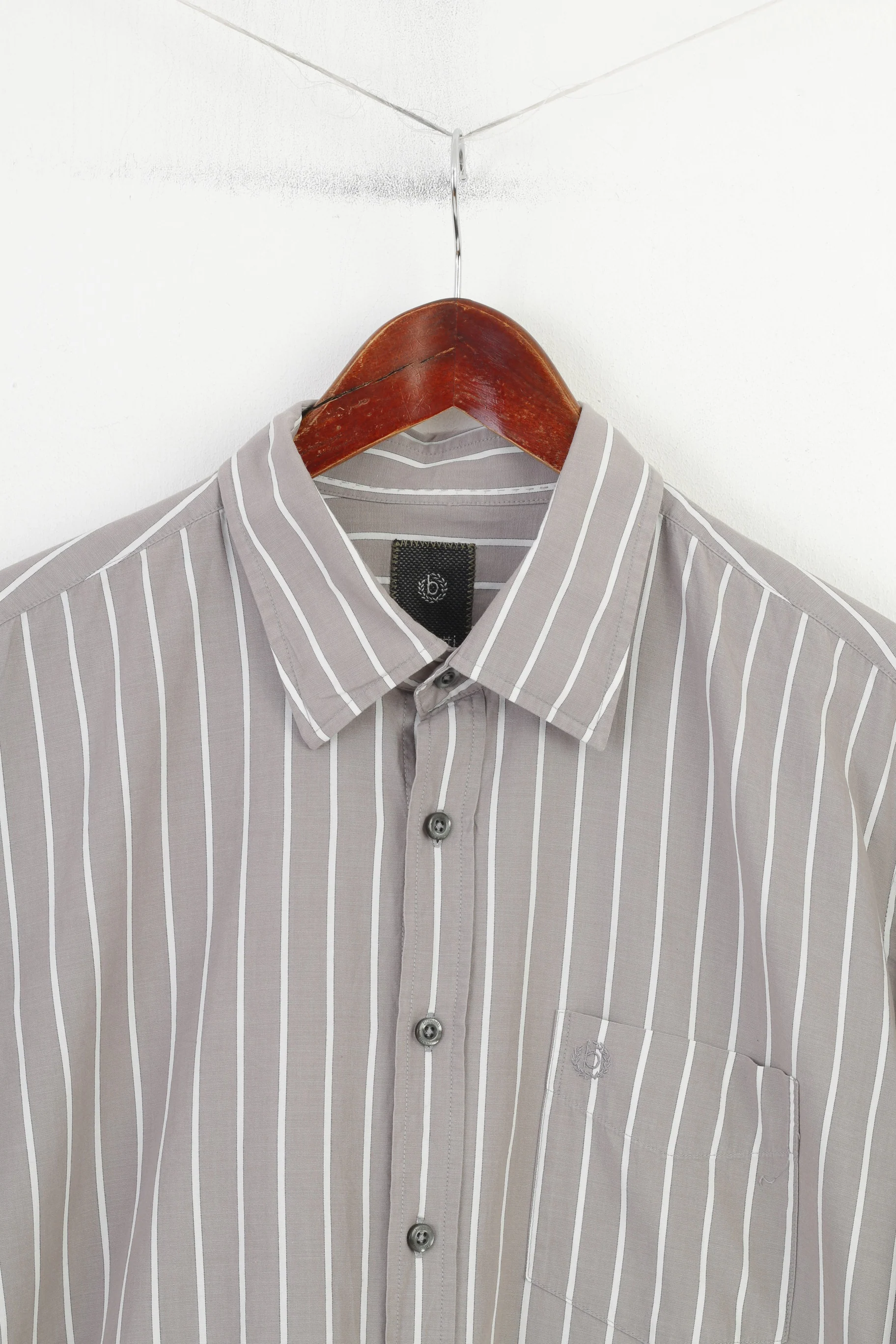 Bugatti Men L 16.5 Casual Shirt Grey Cotton Striped Detailed Buttons Long Sleeve Top - Image 2