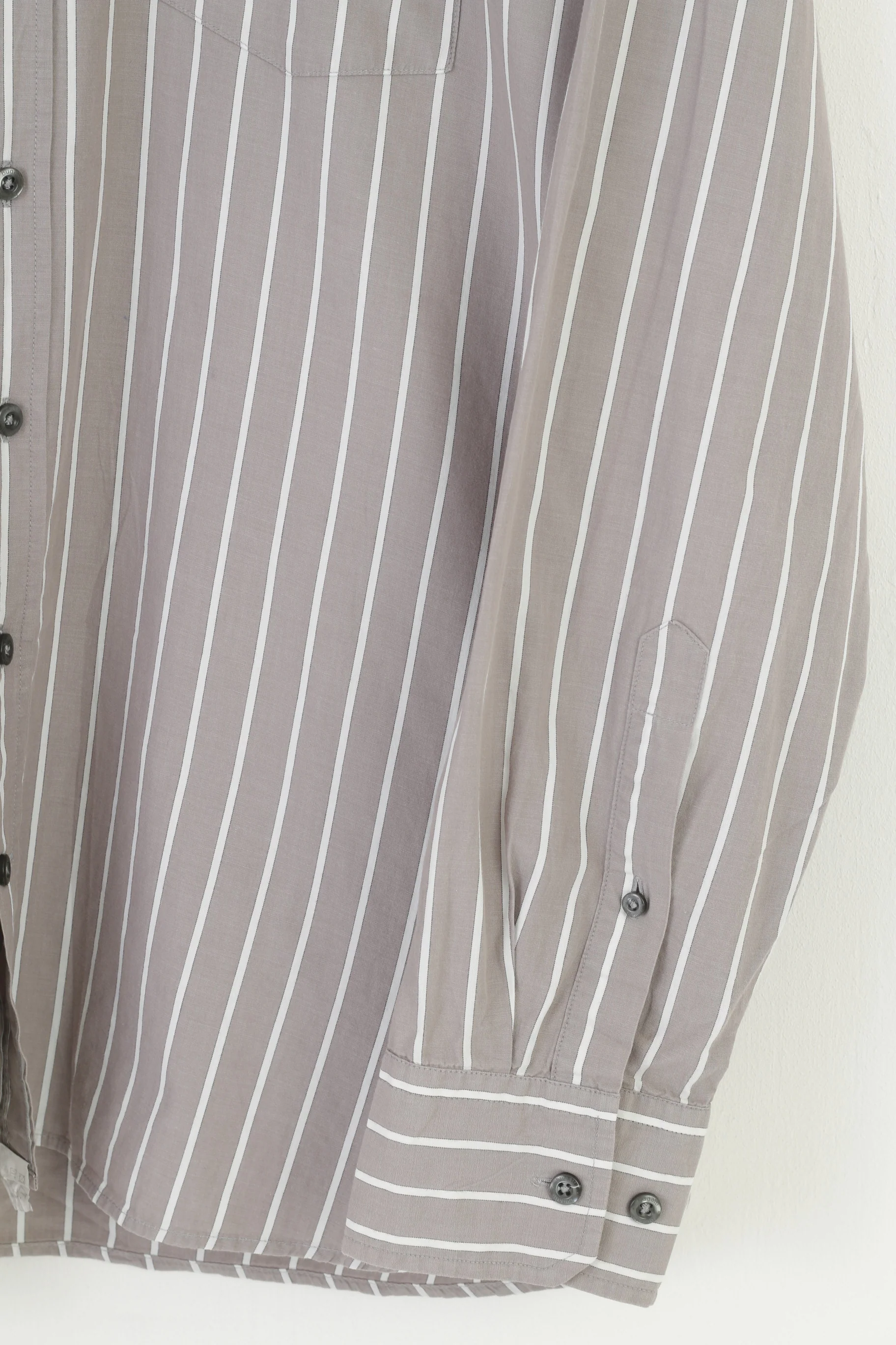 Bugatti Men L 16.5 Casual Shirt Grey Cotton Striped Detailed Buttons Long Sleeve Top - Image 3