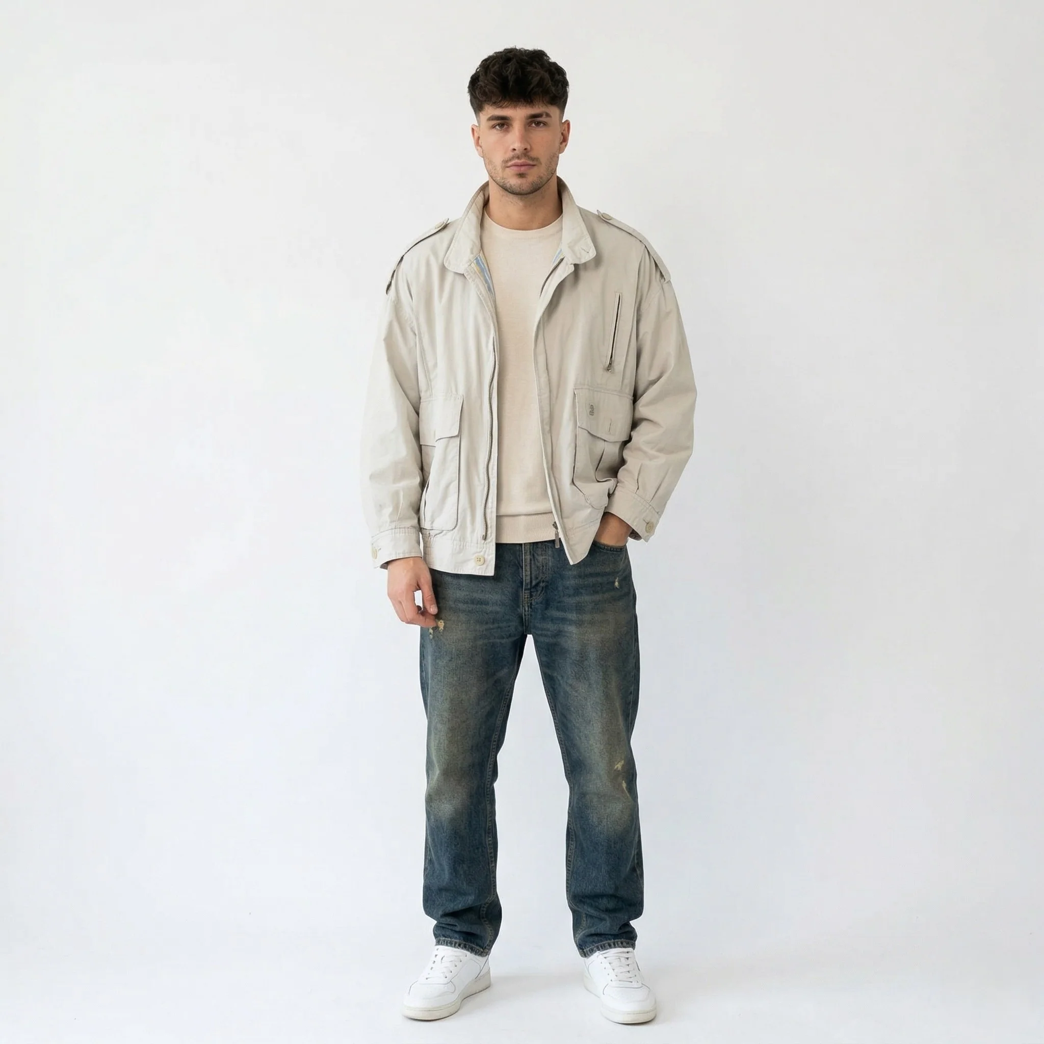 Bugatti Sport Men 48 S Bomber Jacket Beige Cotton Vintage Full Zipper Harrington