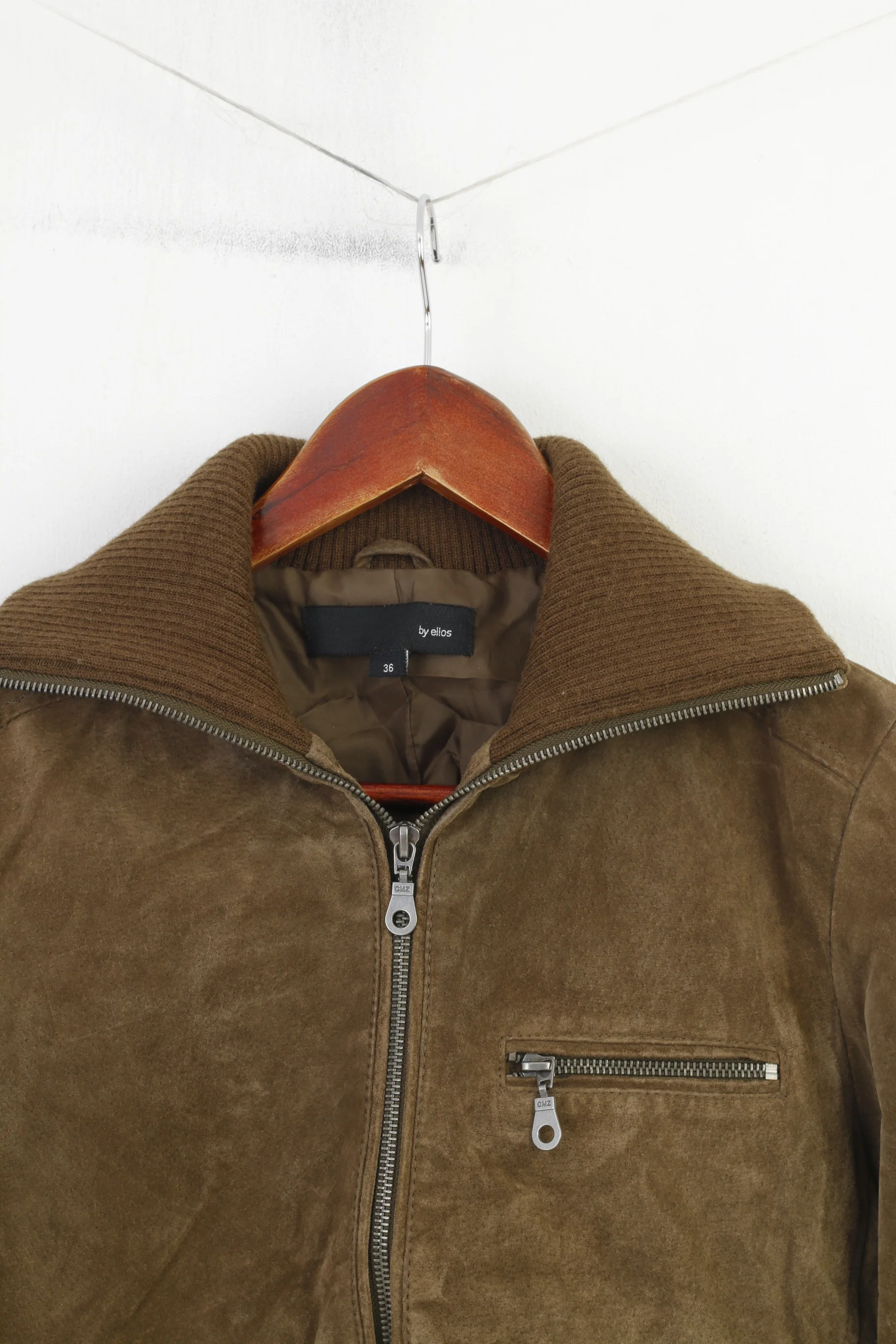 By Ellos Women 36 S Leather Jacket Brown Suede Pockets Full Zipper Biker Retro Collar Vintage Top - Image 2