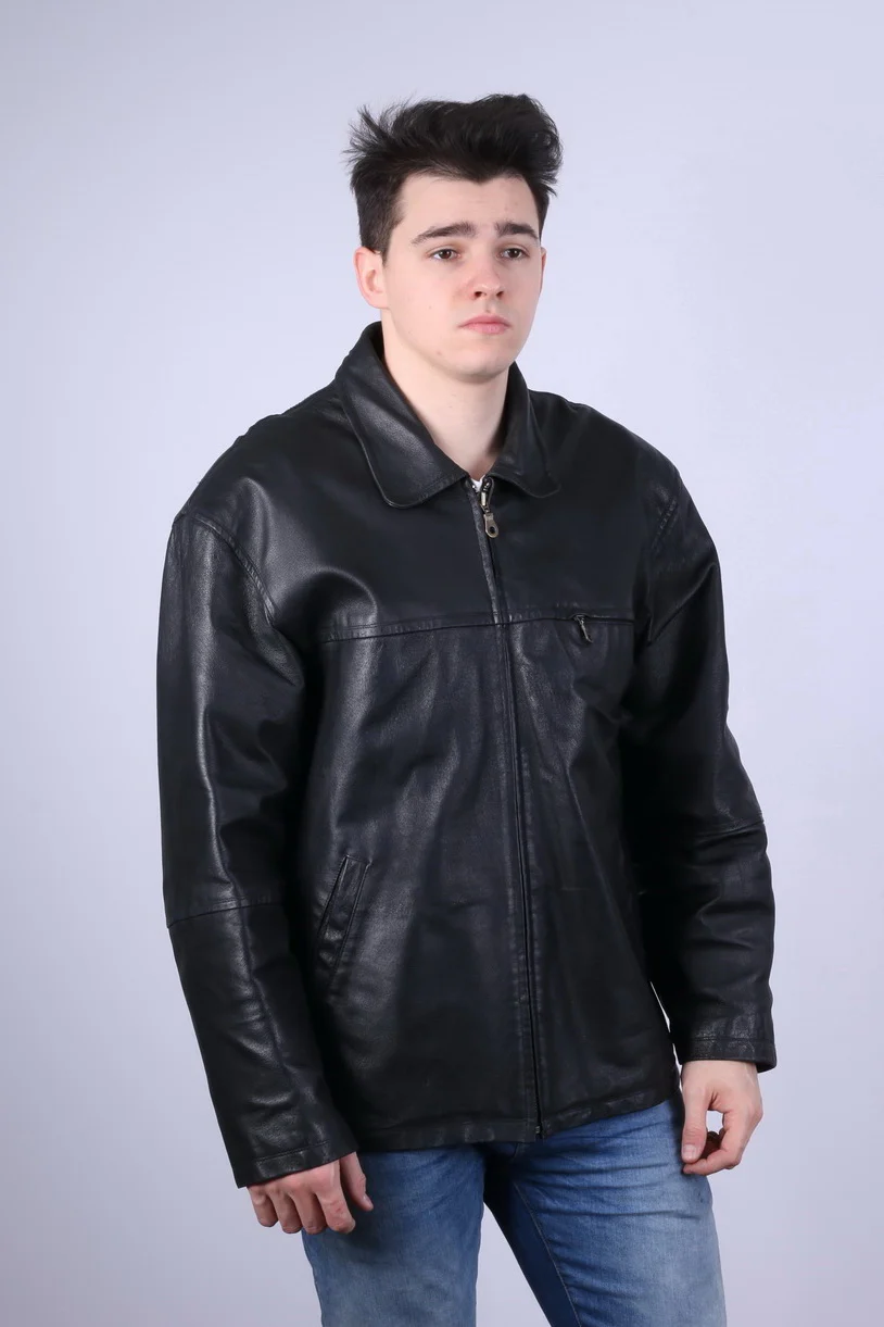 C&A Colonial Lines Men XL Jacket Black Leather Full Zip Biker Classic Top - Image 8
