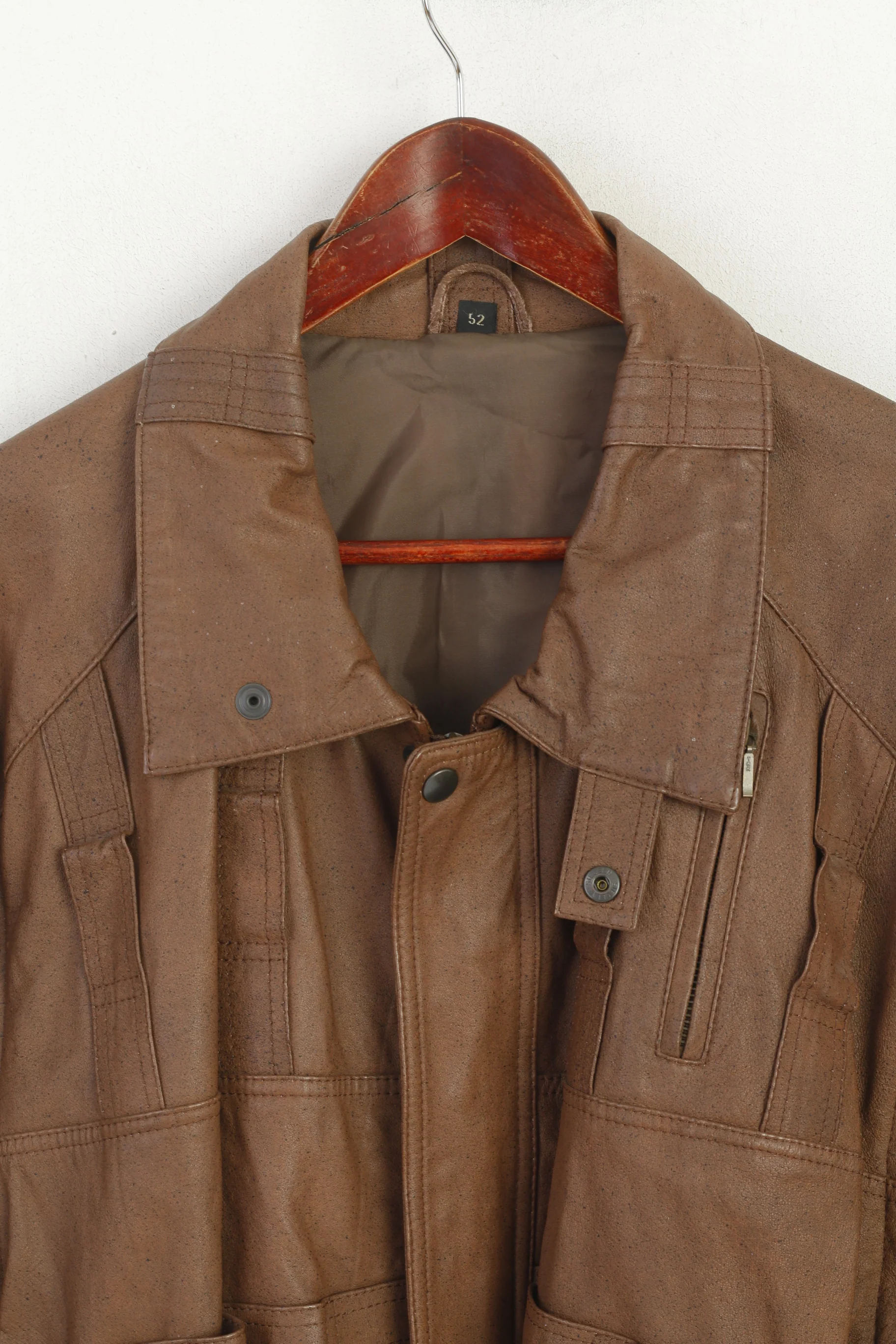 C&A Men 52 L Bomber Jacket Brown Leather Vintage Removable Sleeve Biker Top - Image 2