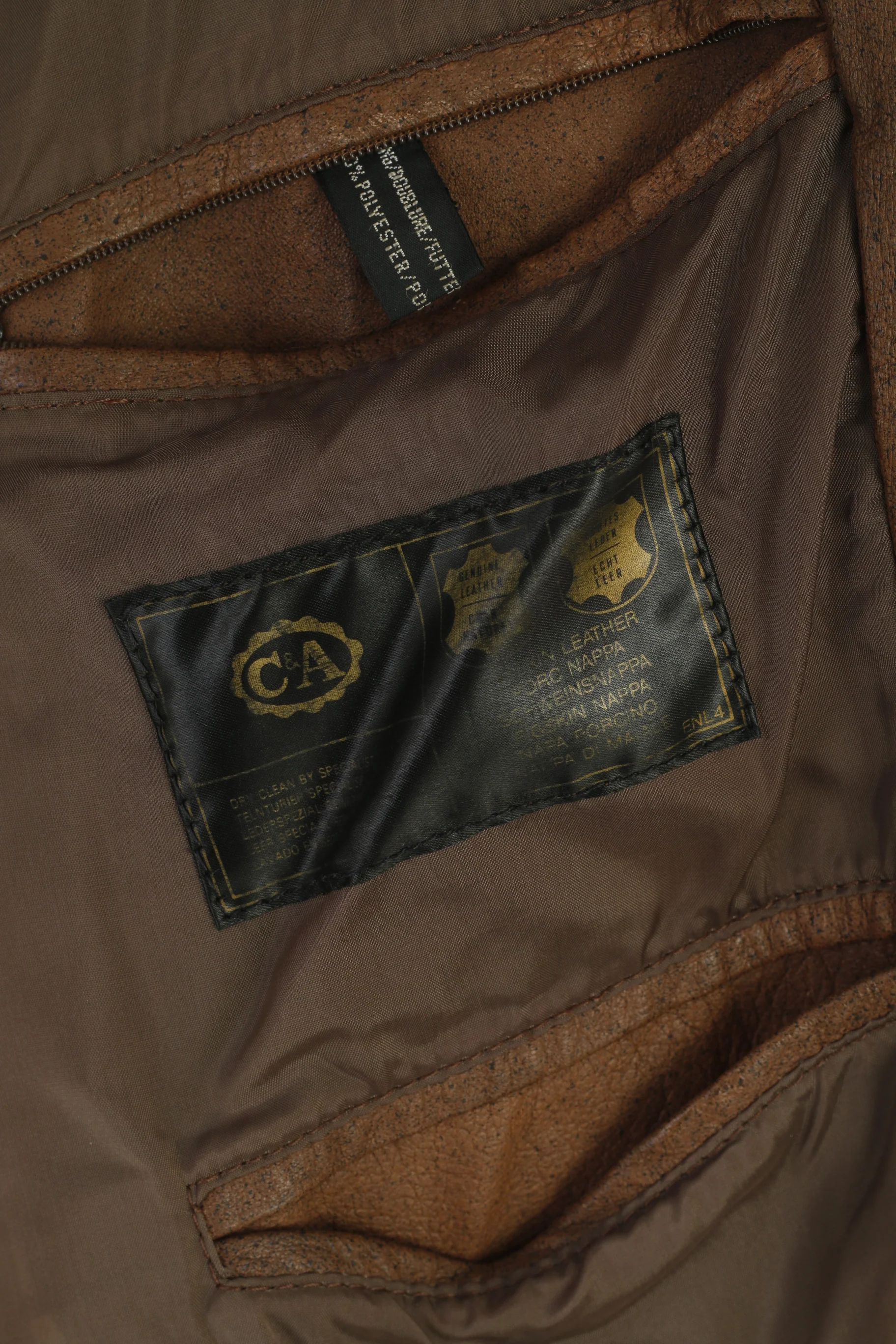 C&A Men 52 L Bomber Jacket Brown Leather Vintage Removable Sleeve Biker Top - Image 5