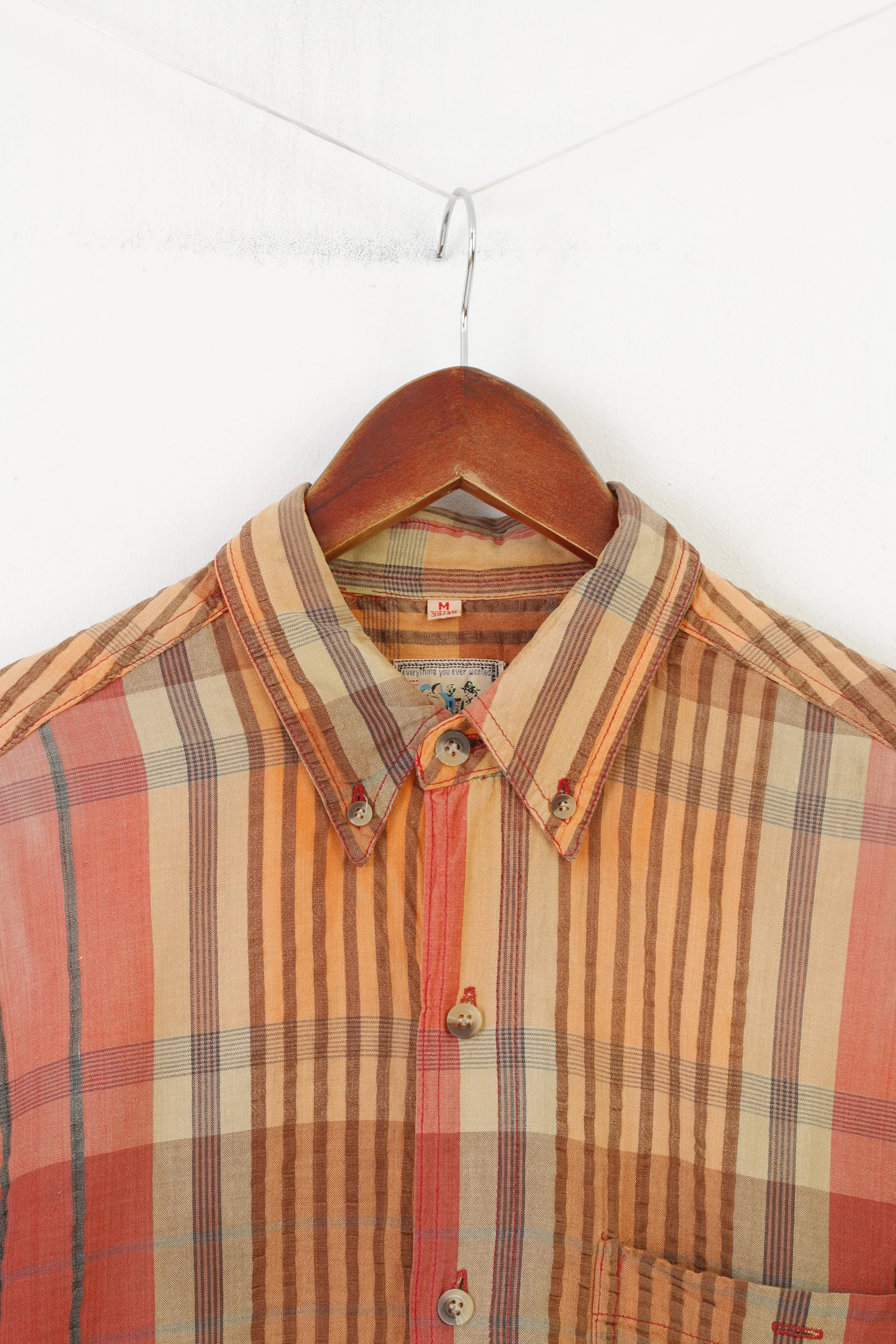 C&A Men M Casual Shirt Orange Checkered Vintage Short Sleeve Cotton Collar Top - Image 2