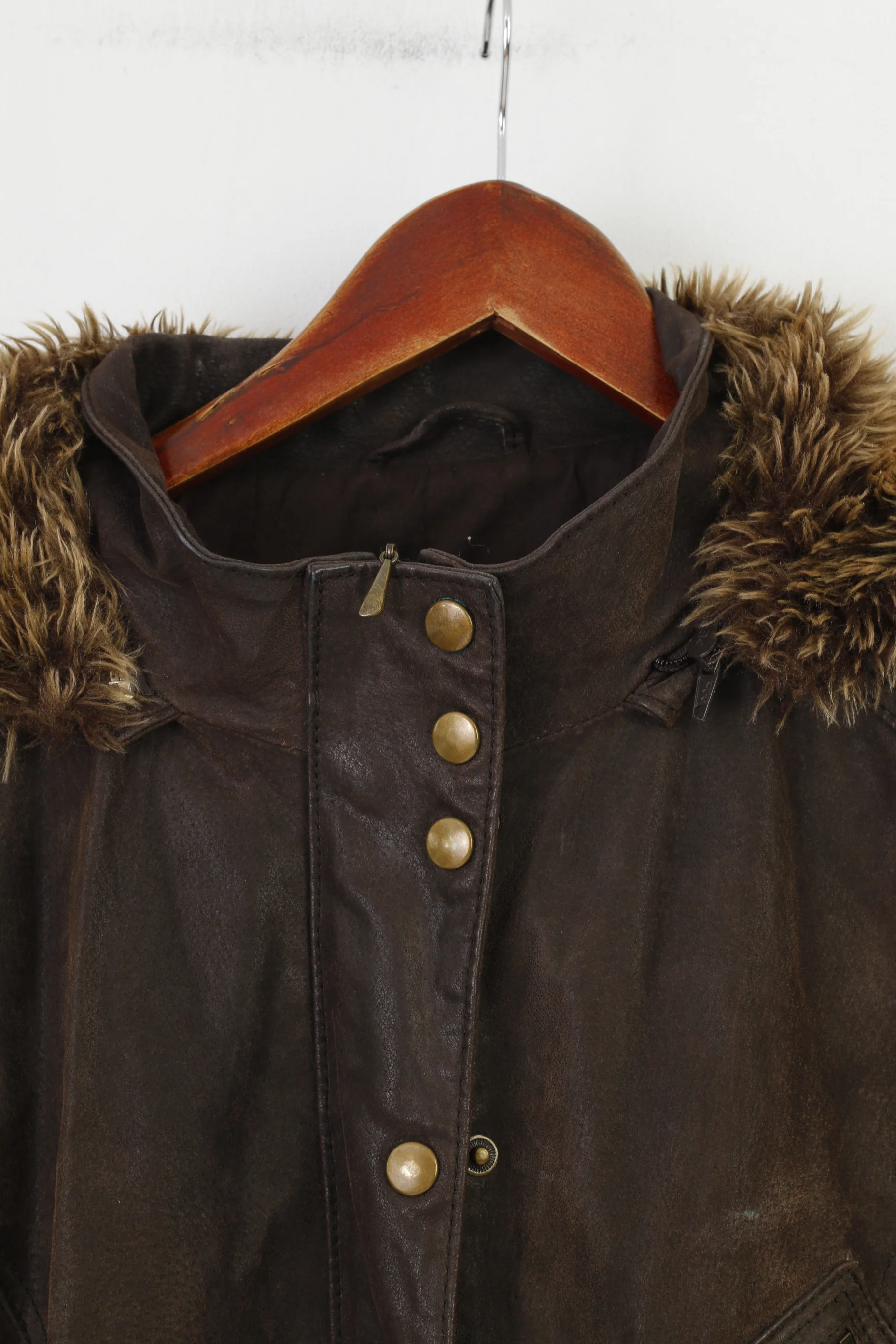 C&A Woman 46 S Leather Jacket Brown Full Zipper Belt Hood Pockets Vintage Top - Image 2