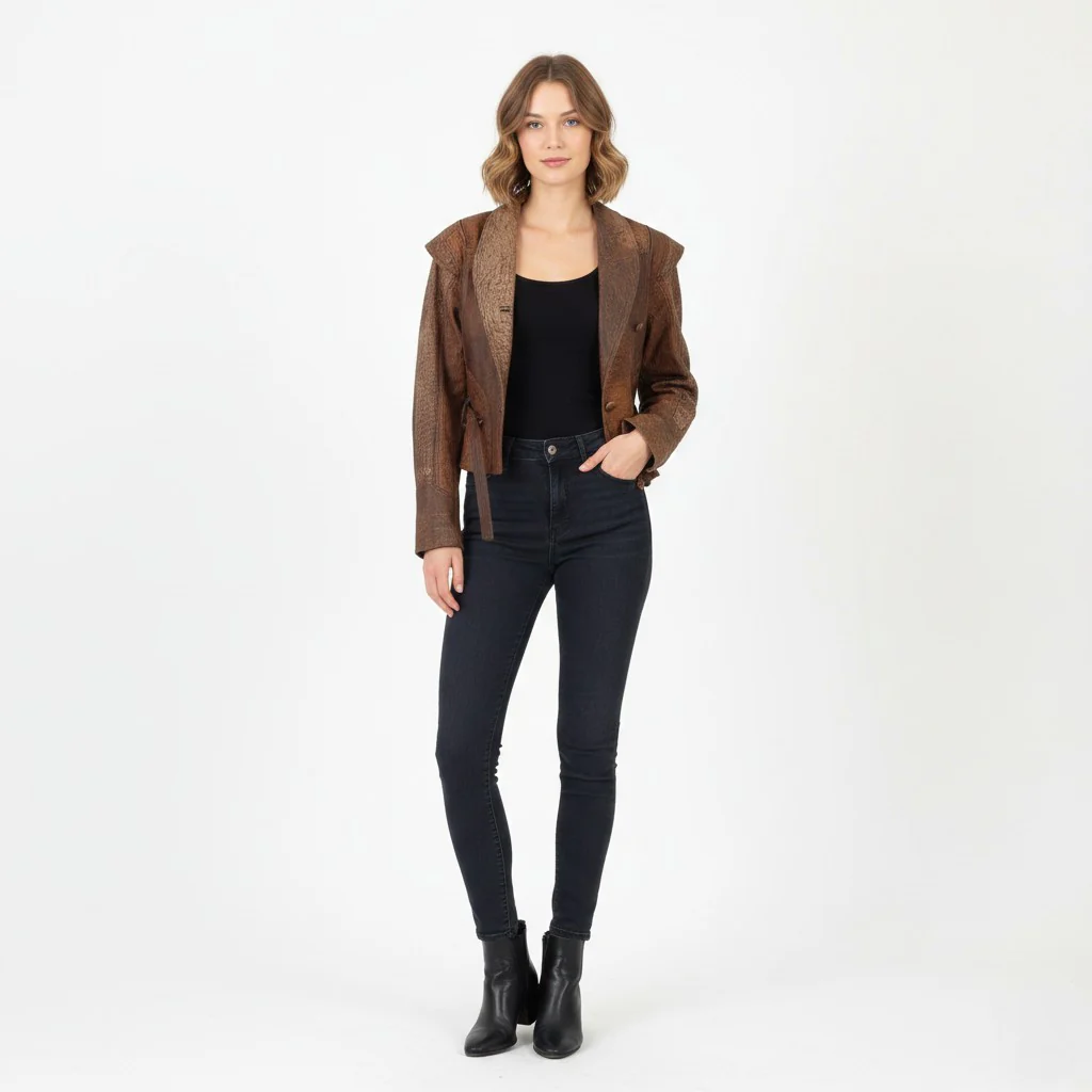 C&A Women 38 S Leather Jacket Brown Vintage 90s Leder Cropped Biker Top