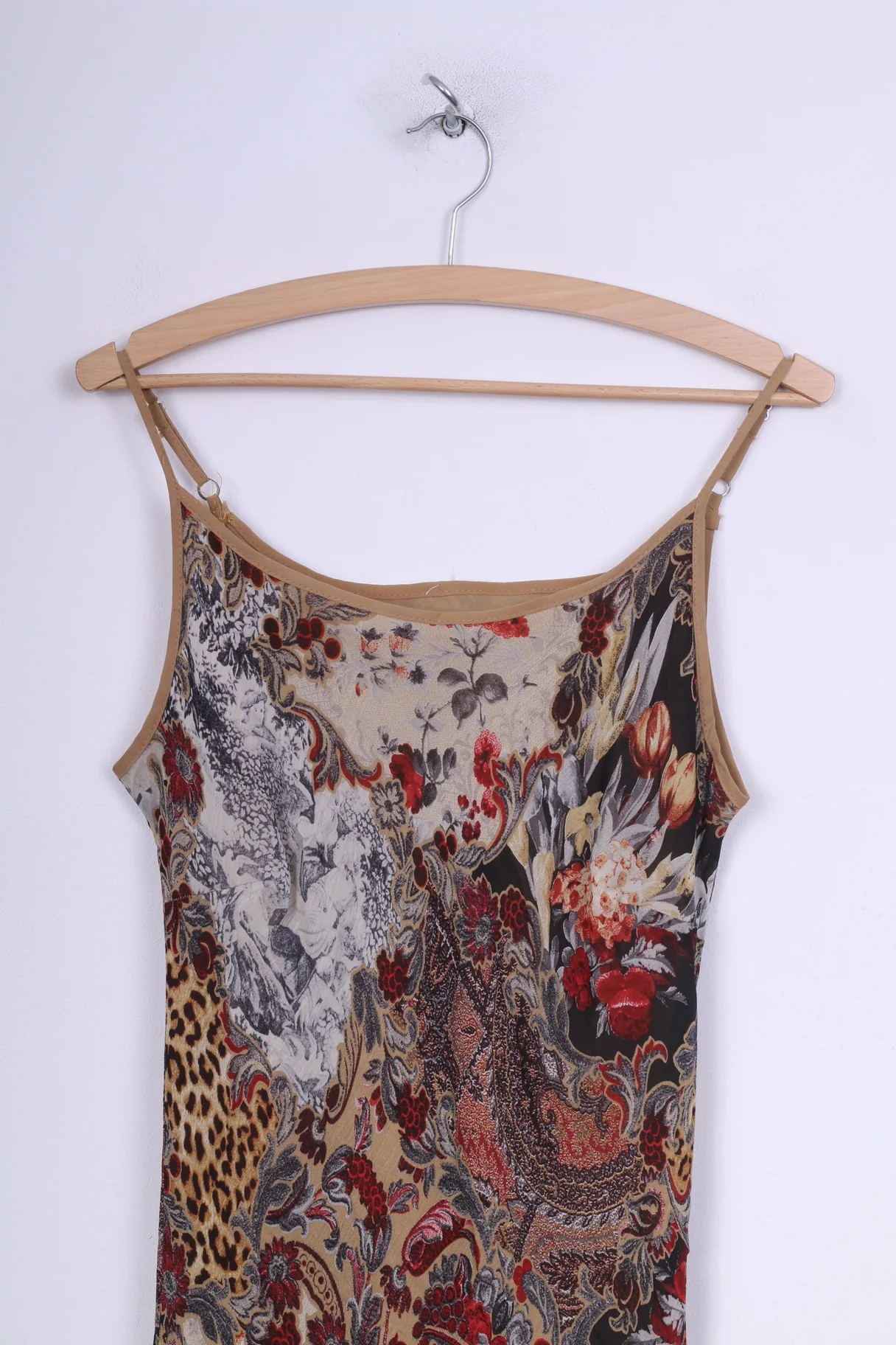 C&A Womens 14 L Long Dress Multi Printed Brown Flounce Spaghetti Straps Brown - Image 3