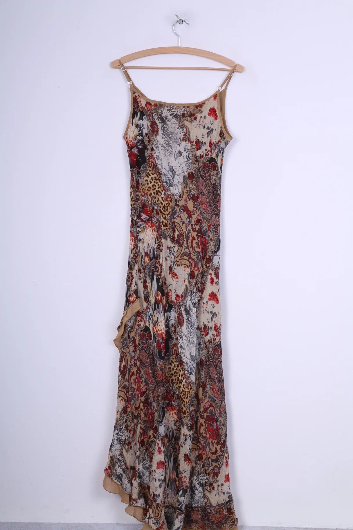 C&A Womens 14 L Long Dress Multi Printed Brown Flounce Spaghetti Straps Brown - Image 4