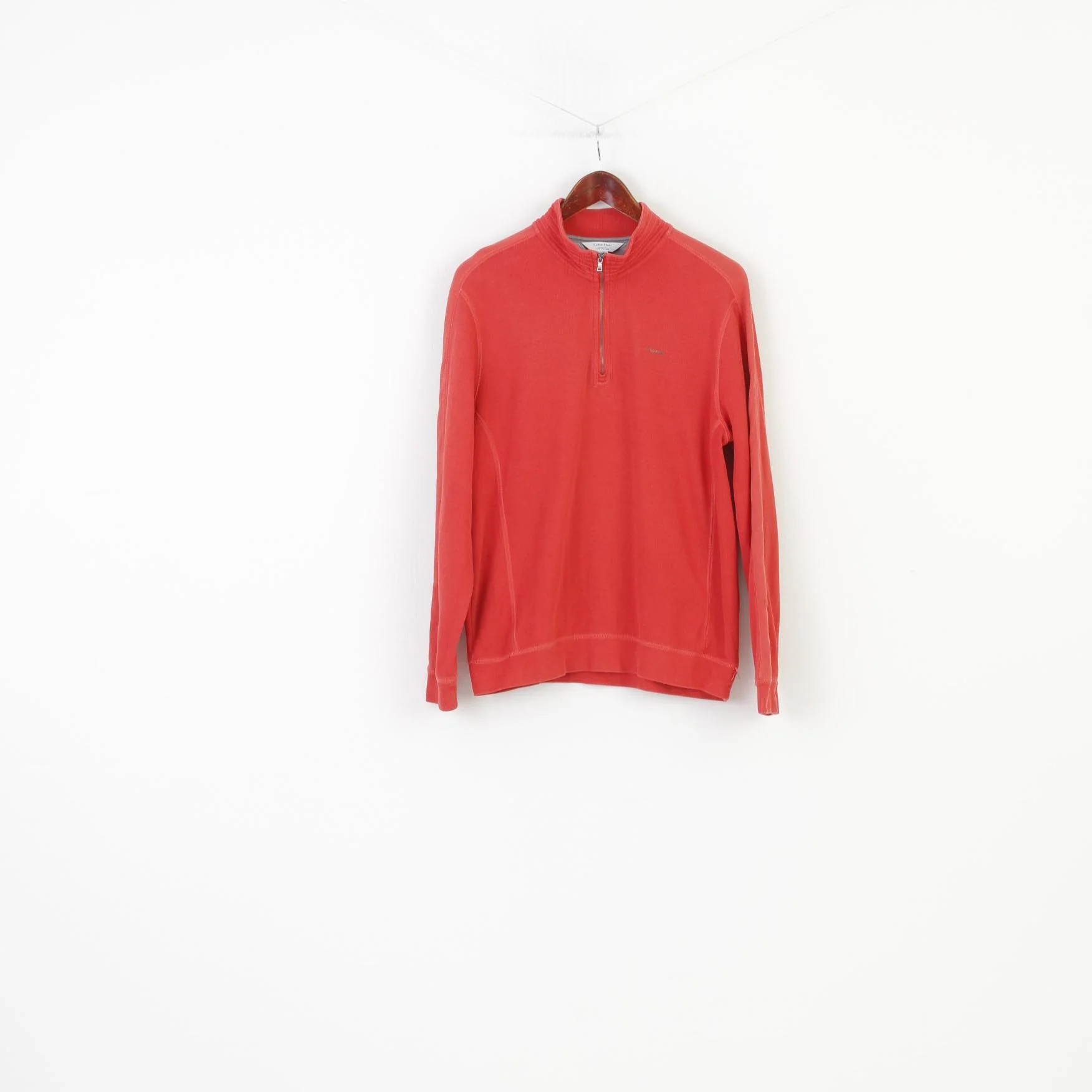 Calvin Klein Men L Jumper Red Collar Zip Neck Logo Cotton Sweater Top - Image 2