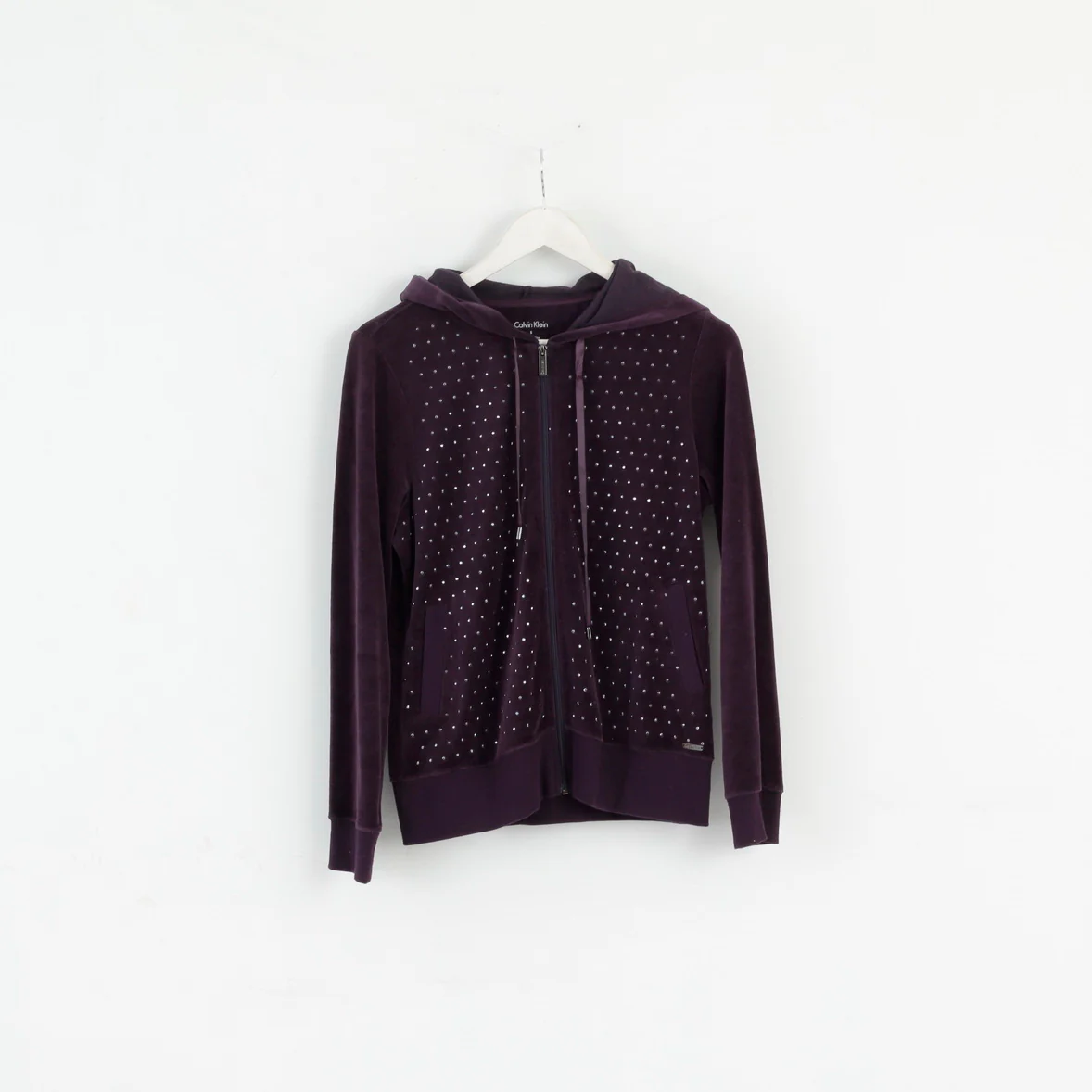 Calvin Klein Womens S Sweatshirt Plum Cotton Shiny Detailed Hooded Top - Image 2