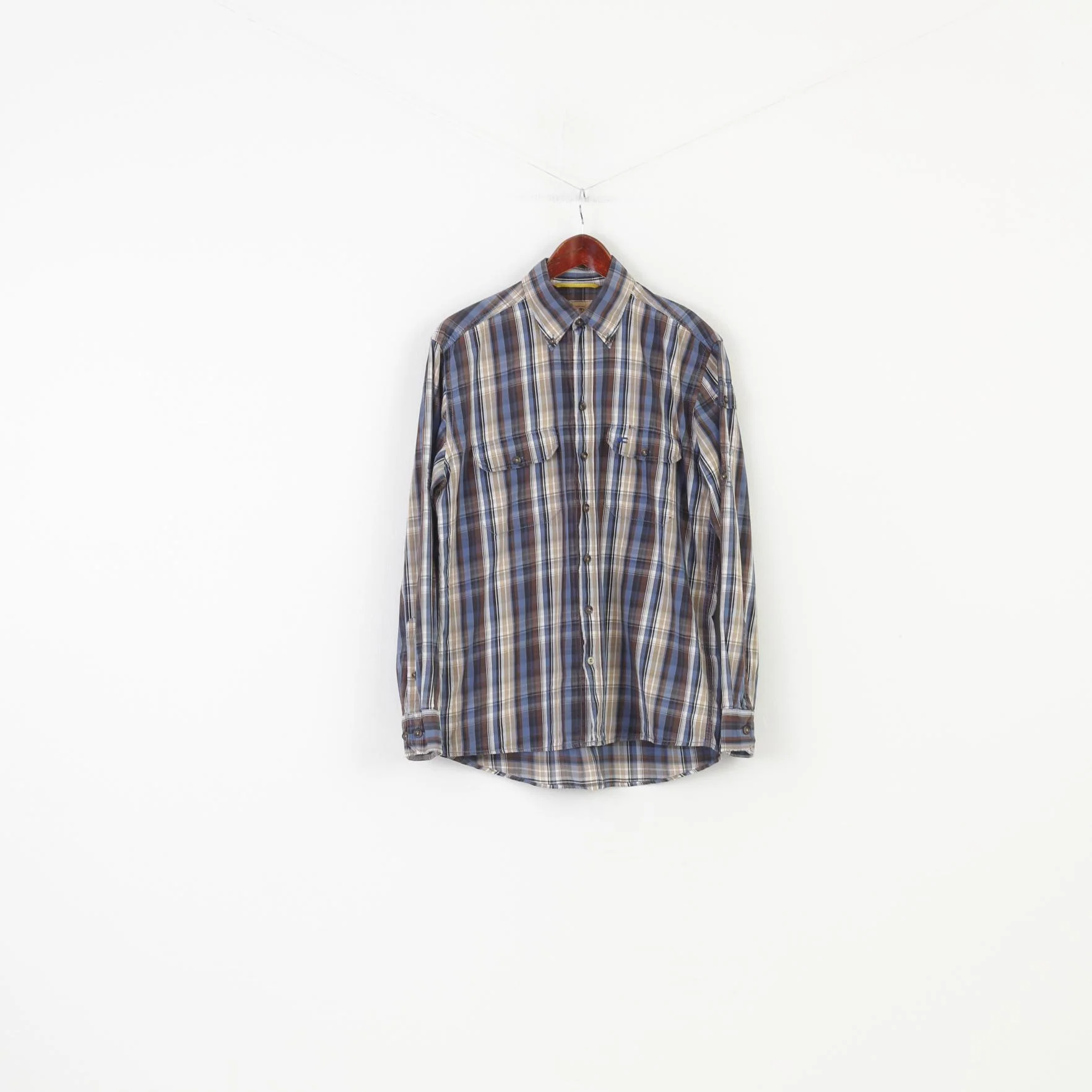 Camel Active Men M Casual Shirt Checkered Blue Brown Collar Cotton Long Sleeve Top
