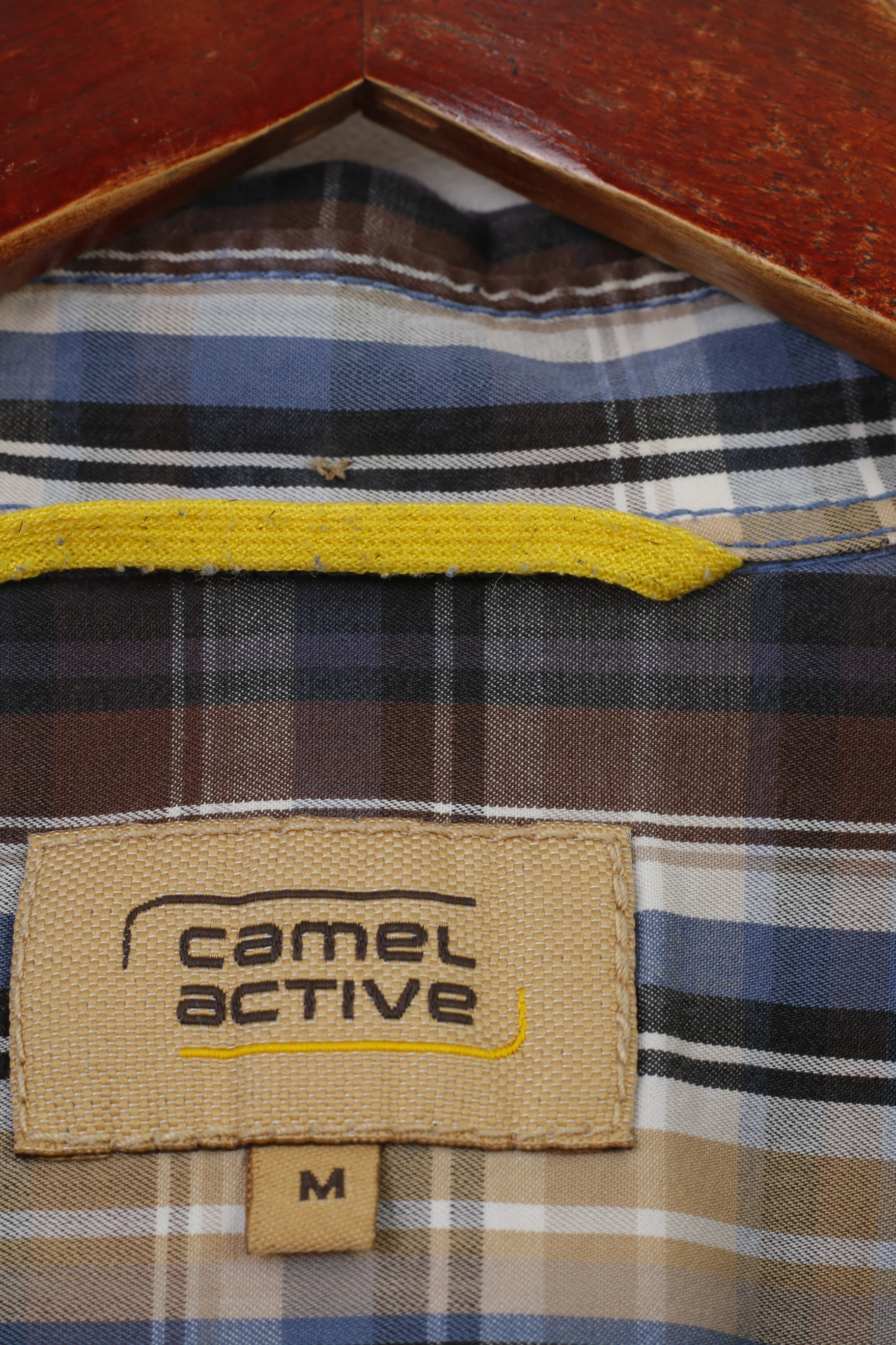 Camel Active Men M Casual Shirt Checkered Blue Brown Collar Cotton Long Sleeve Top - Image 6