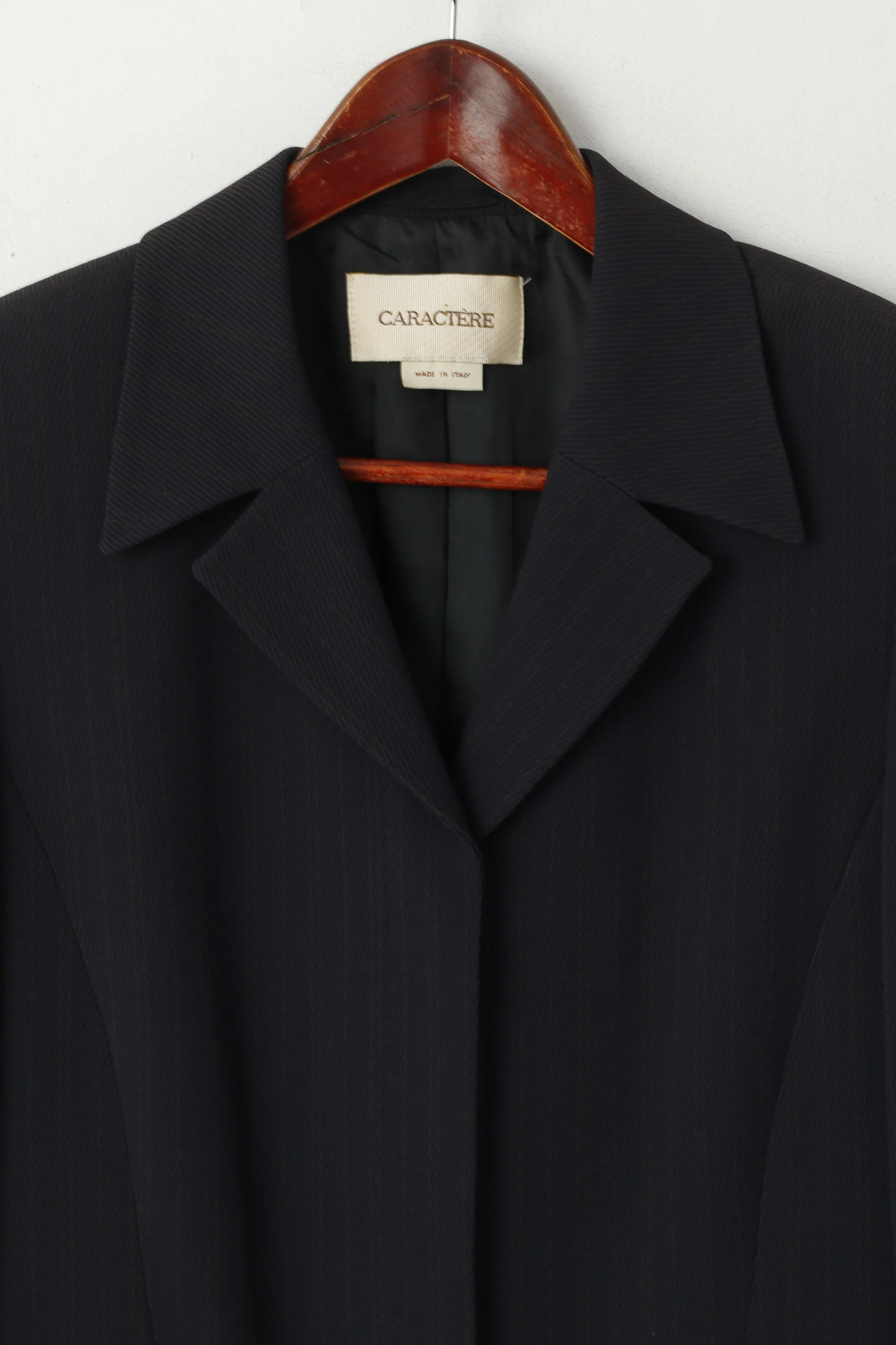 CARACTERE Women 12 38 Long Blazer Navy Striped Vintage Made in Italy Shoulder Pads Jacket - Image 3