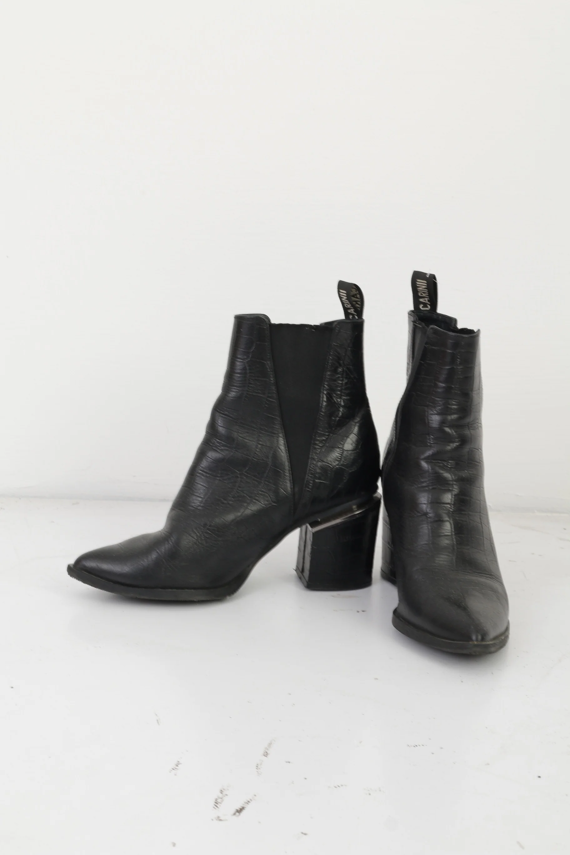 Carinii Women 39 Heeled Booties Black Leather Shiny Snake Shoes - Image 3