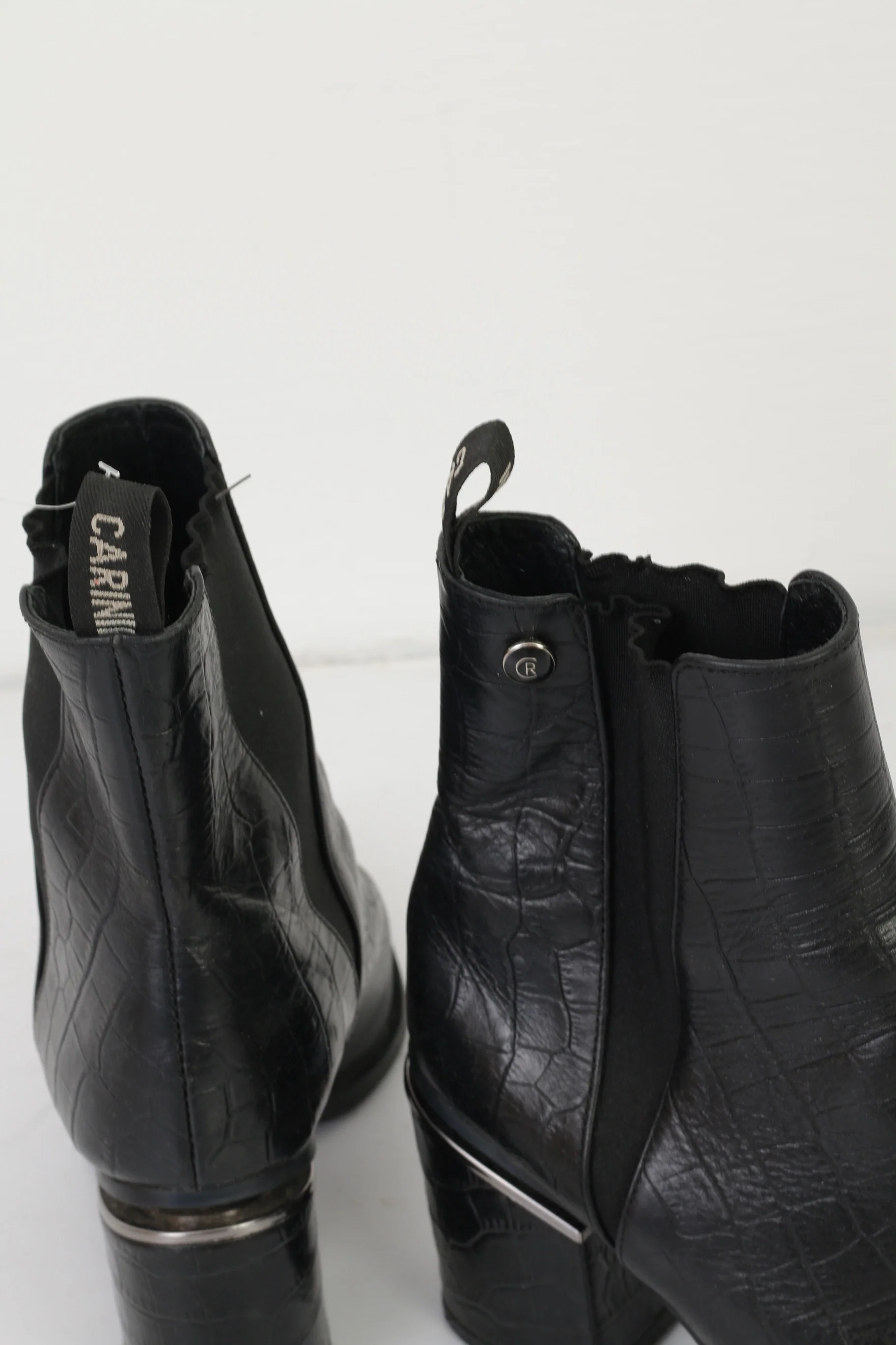 Carinii Women 39 Heeled Booties Black Leather Shiny Snake Shoes - Image 4