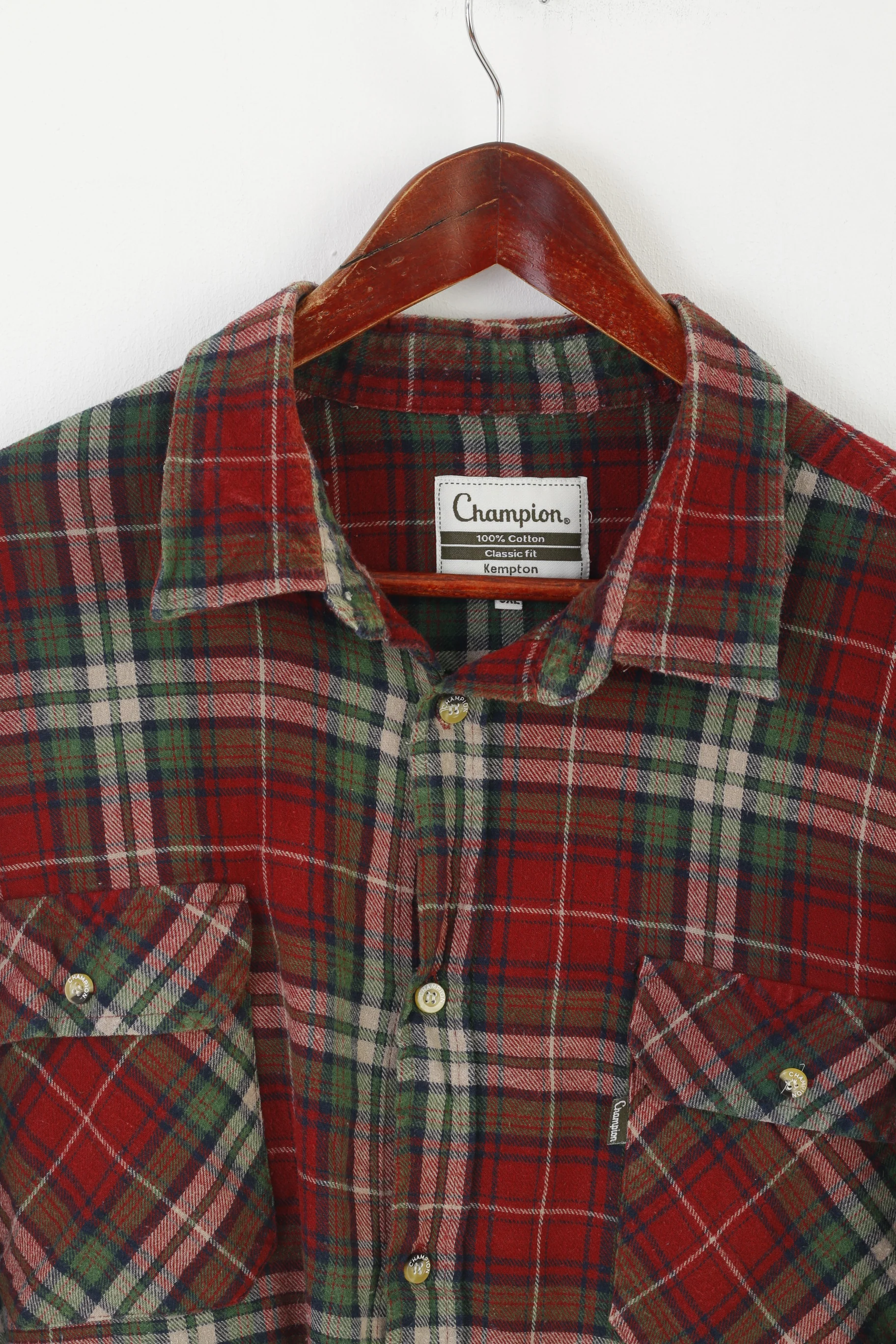 Champion Men 3XL Casual Shirt Red Checkered Vintage Cotton Classic Long Sleeve Top - Image 2