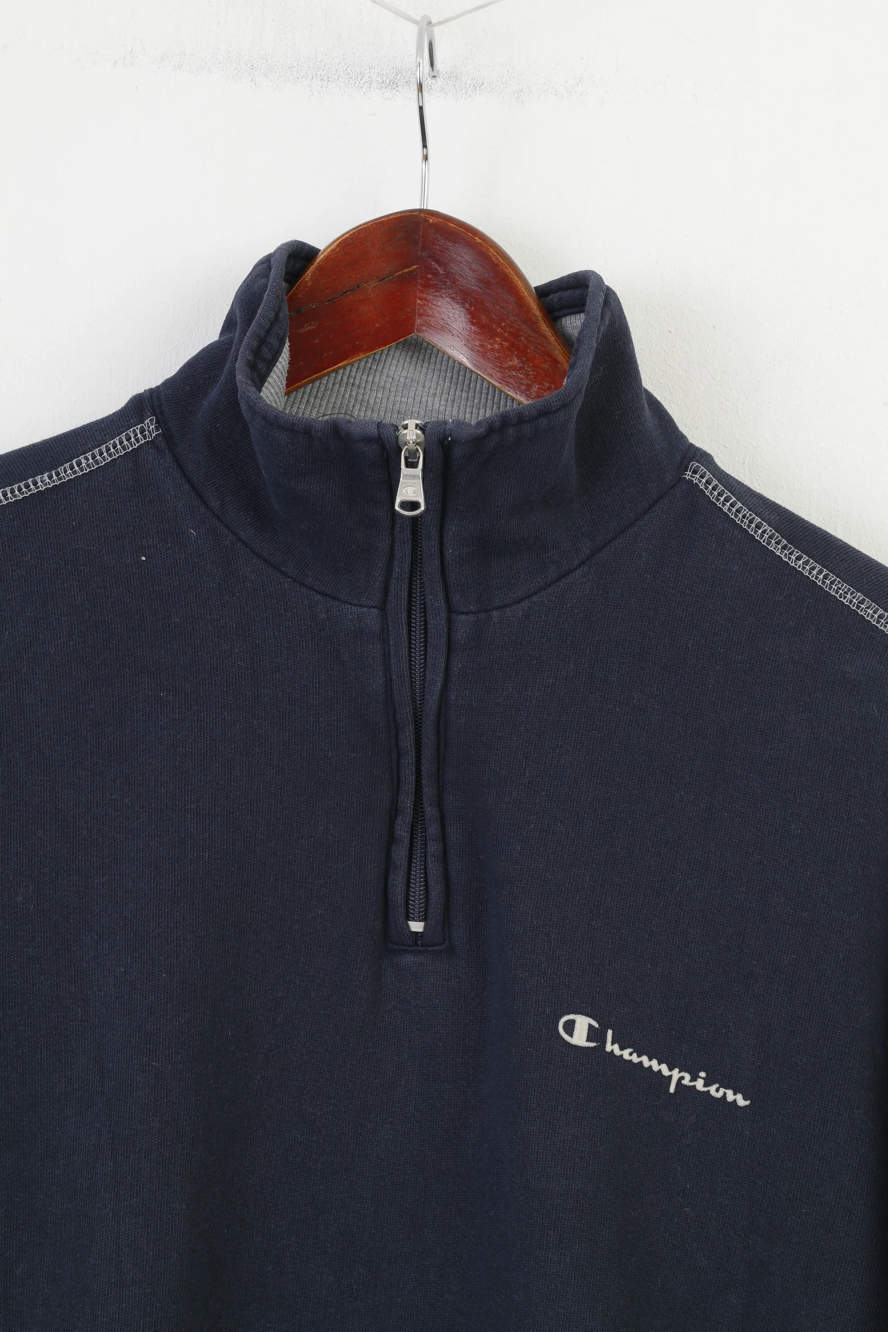 Champion Men S Sweatshirt Navy Zip Neck Cotton Hoodie Collar Vintage Top - Image 2