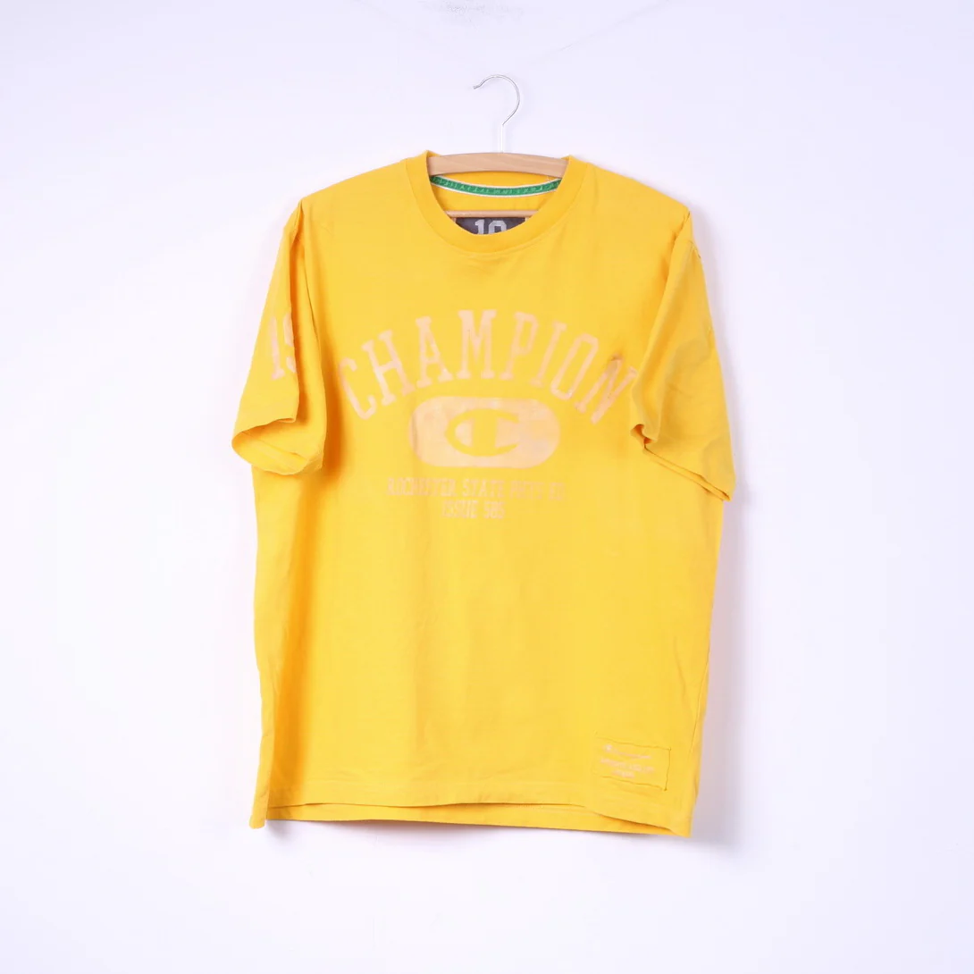Champion Mens L Graphic T-Shirt Yellow Cotton Top Crew Neck