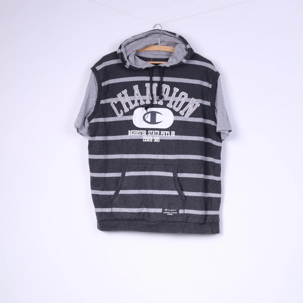 Champion Mens XL Shirt Grey Cotton Athlete Hooded Striped Sportswear Top