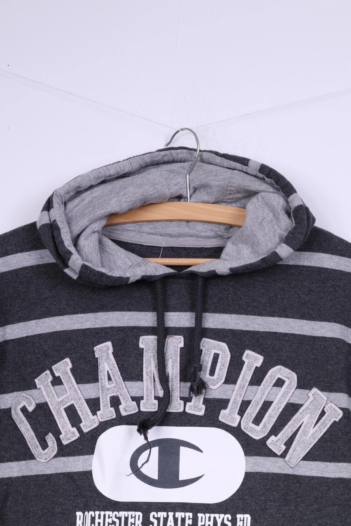 Champion Mens XL Shirt Grey Cotton Athlete Hooded Striped Sportswear Top - Image 2