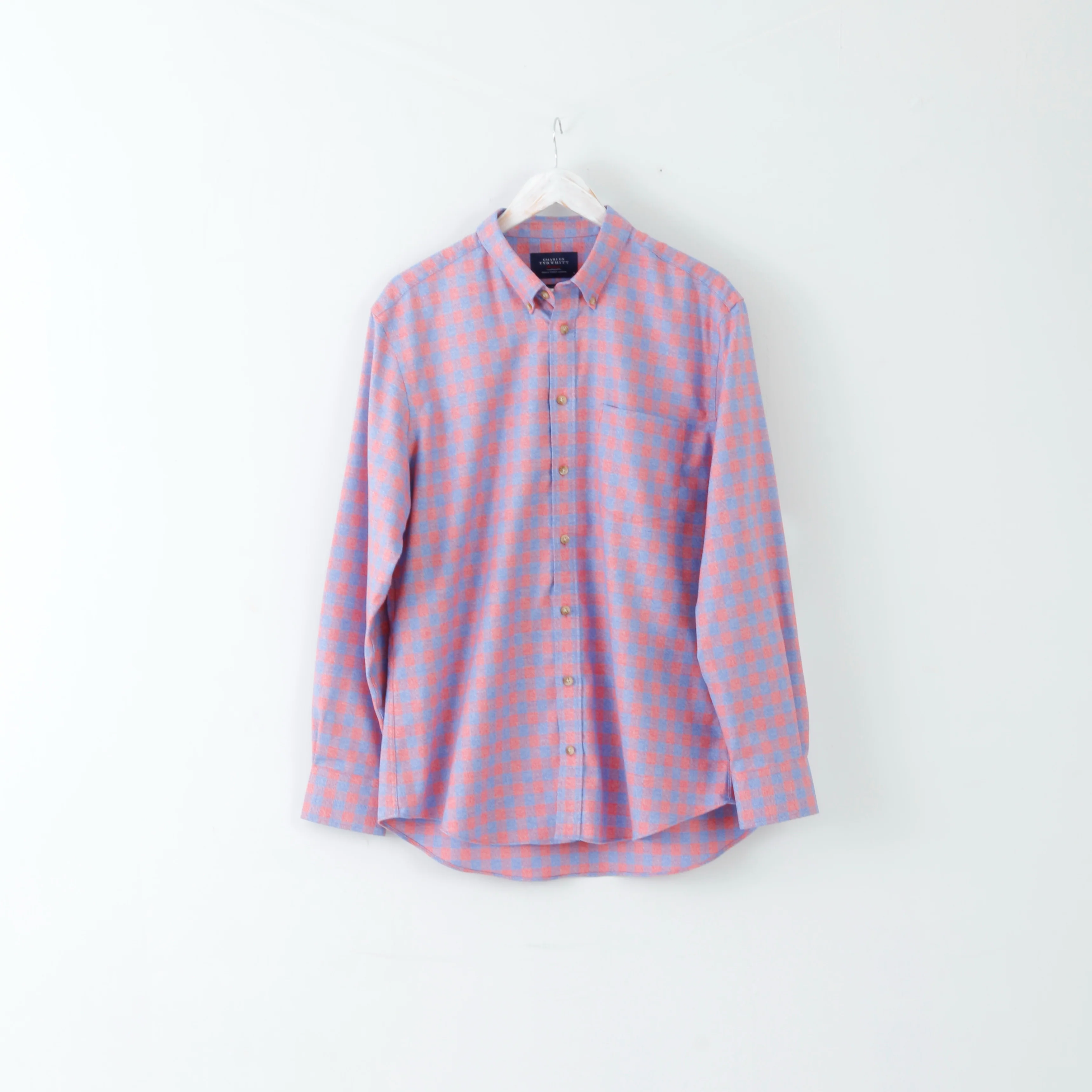 Charles Tyrwhitt Mens L Casual Shirt Red Blue Long Sleeve Slim Fit Checked Non Iron