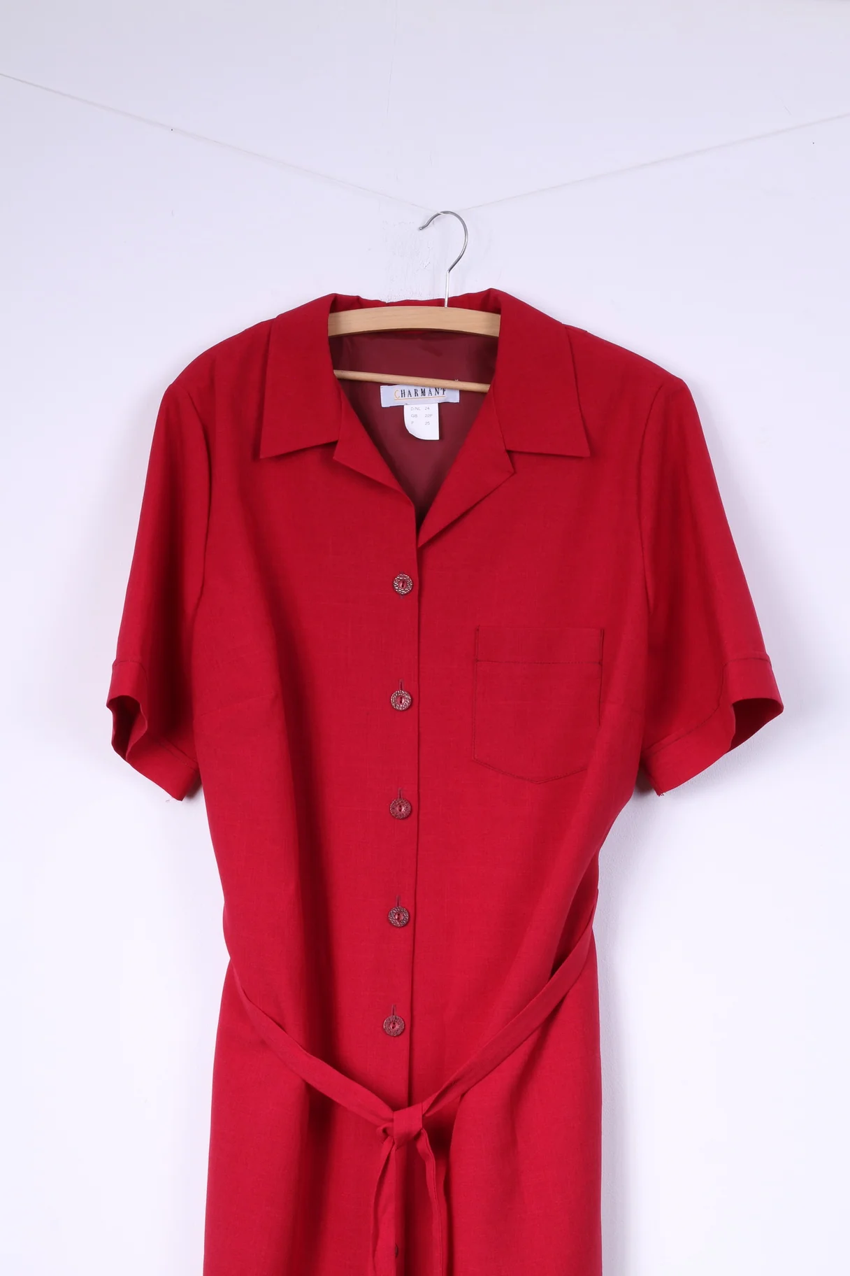 Charmant Womens 22 XL Midi Dress Red Button Front Shoulder Pads Short Sleeve Vintage - Image 2