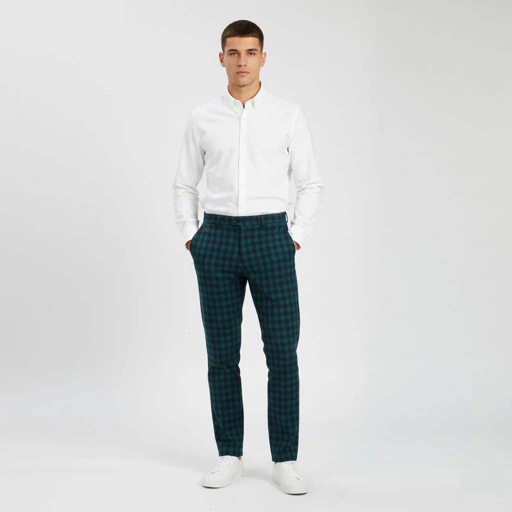 Chemise Lacoste Men 42 Trousers Checkered Green Elegant Classic Wool Pants