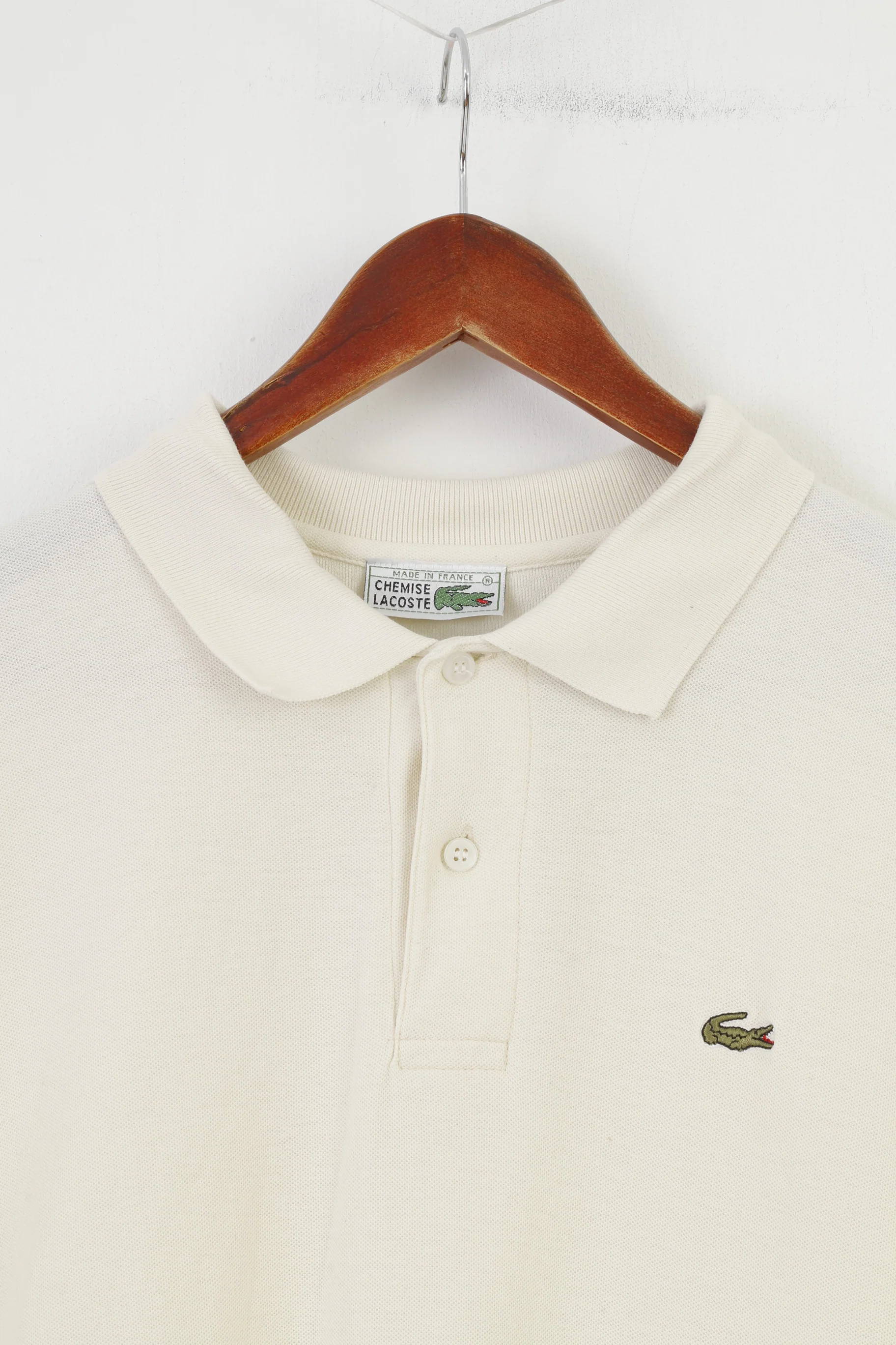 Chemise Lacoste Men L Polo Shirt Vintage Short Sleeve Cream Cotton Collar Top - Image 2