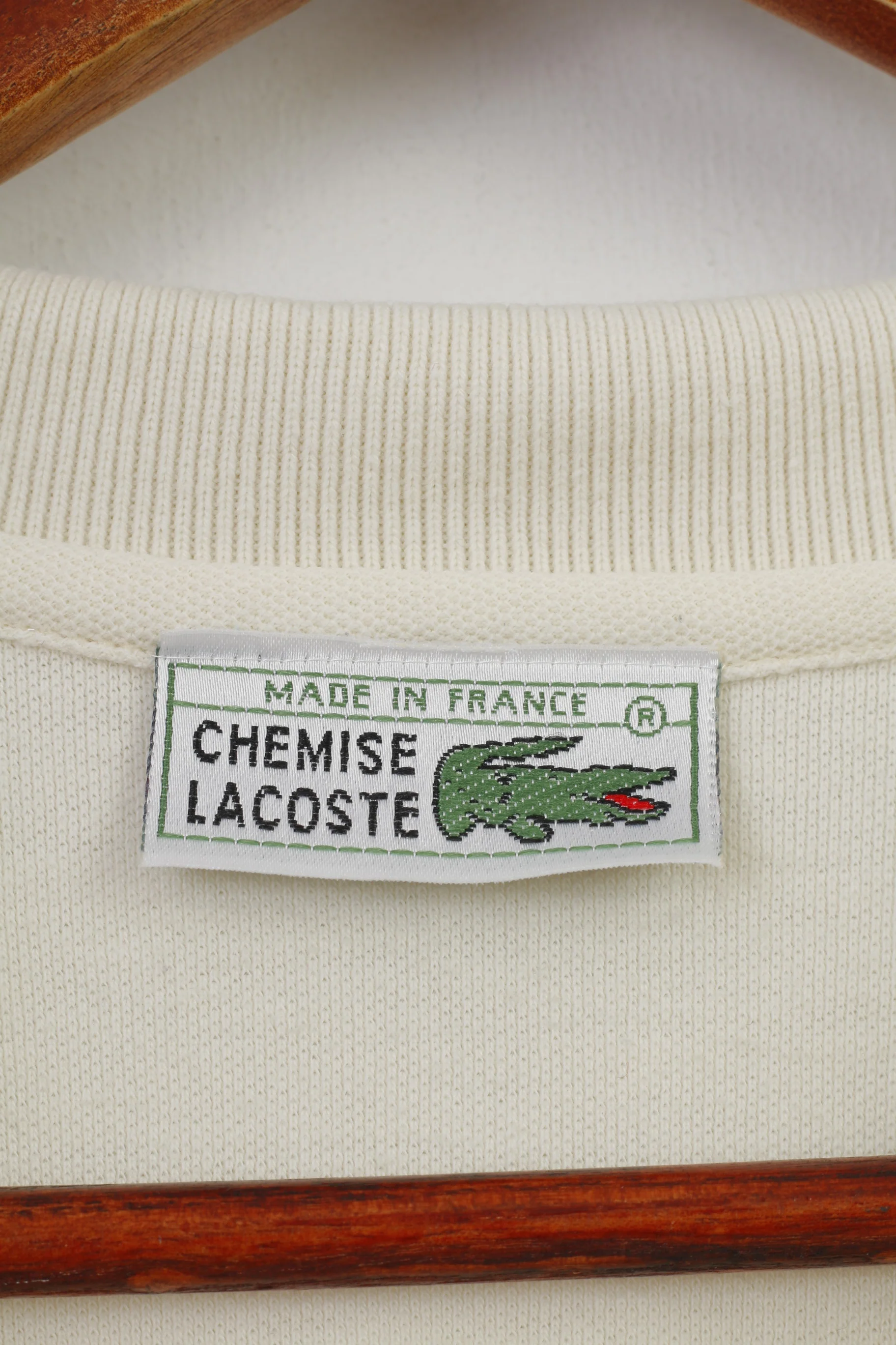 Chemise Lacoste Men L Polo Shirt Vintage Short Sleeve Cream Cotton Collar Top - Image 5
