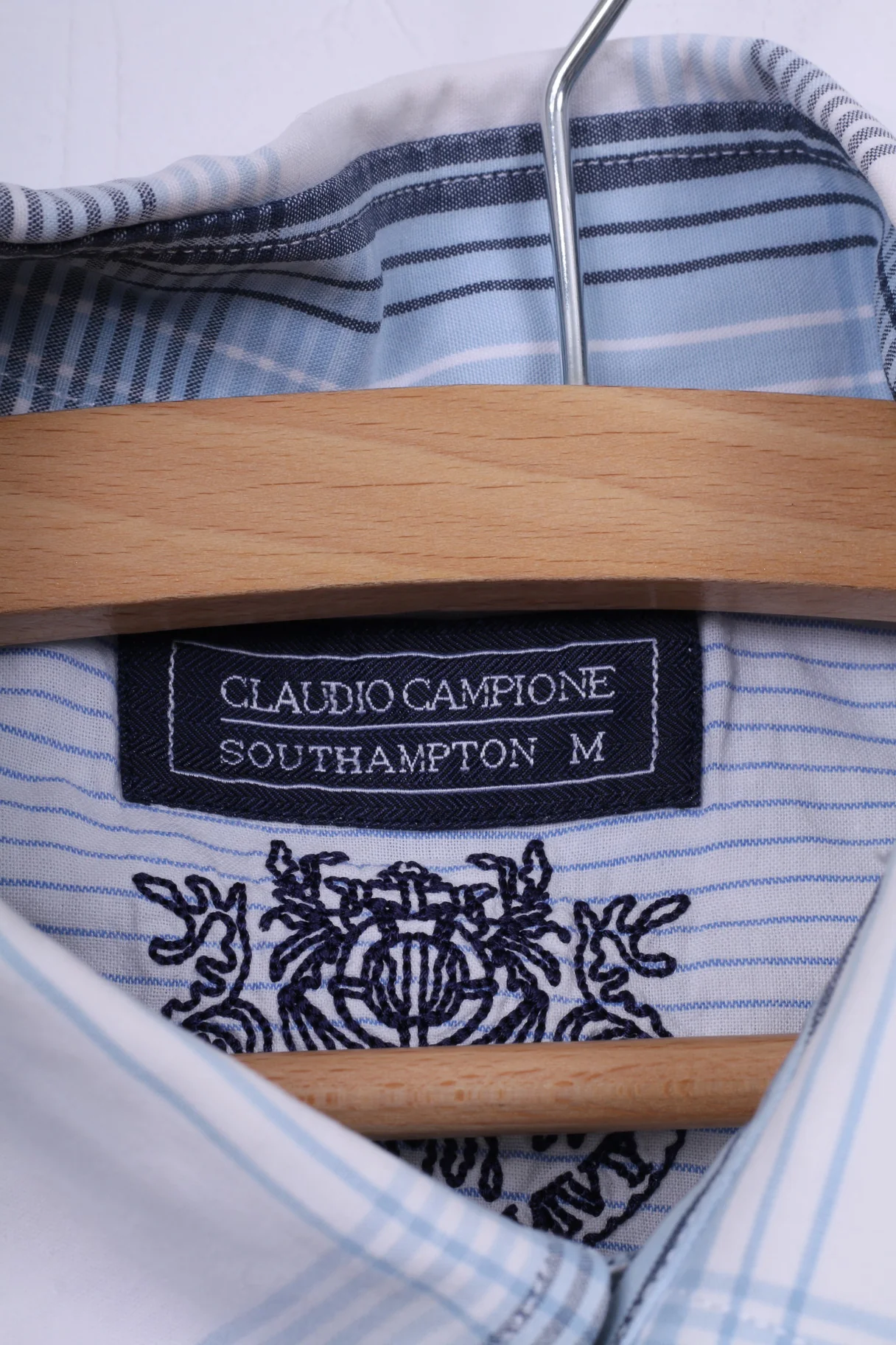 Claudio Campione Southampton Mens M Casual Shirt Blue Check Short Sleeve Cotton Button Down Collar - Image 4