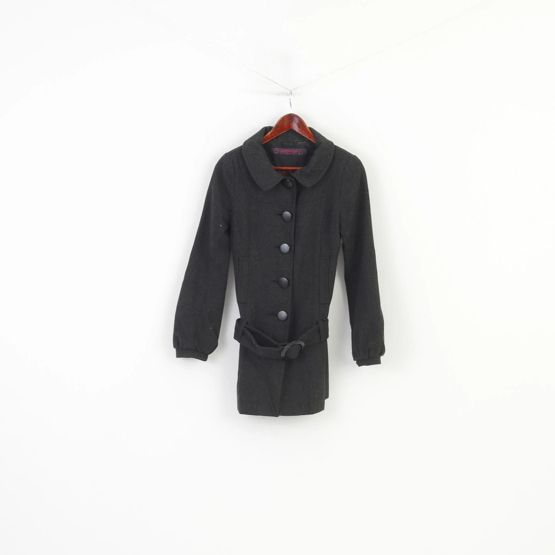 Clockhouse Women 34 S Coat Jacket Dark Grey Wool Bottoms Vintage Collar Belt Top