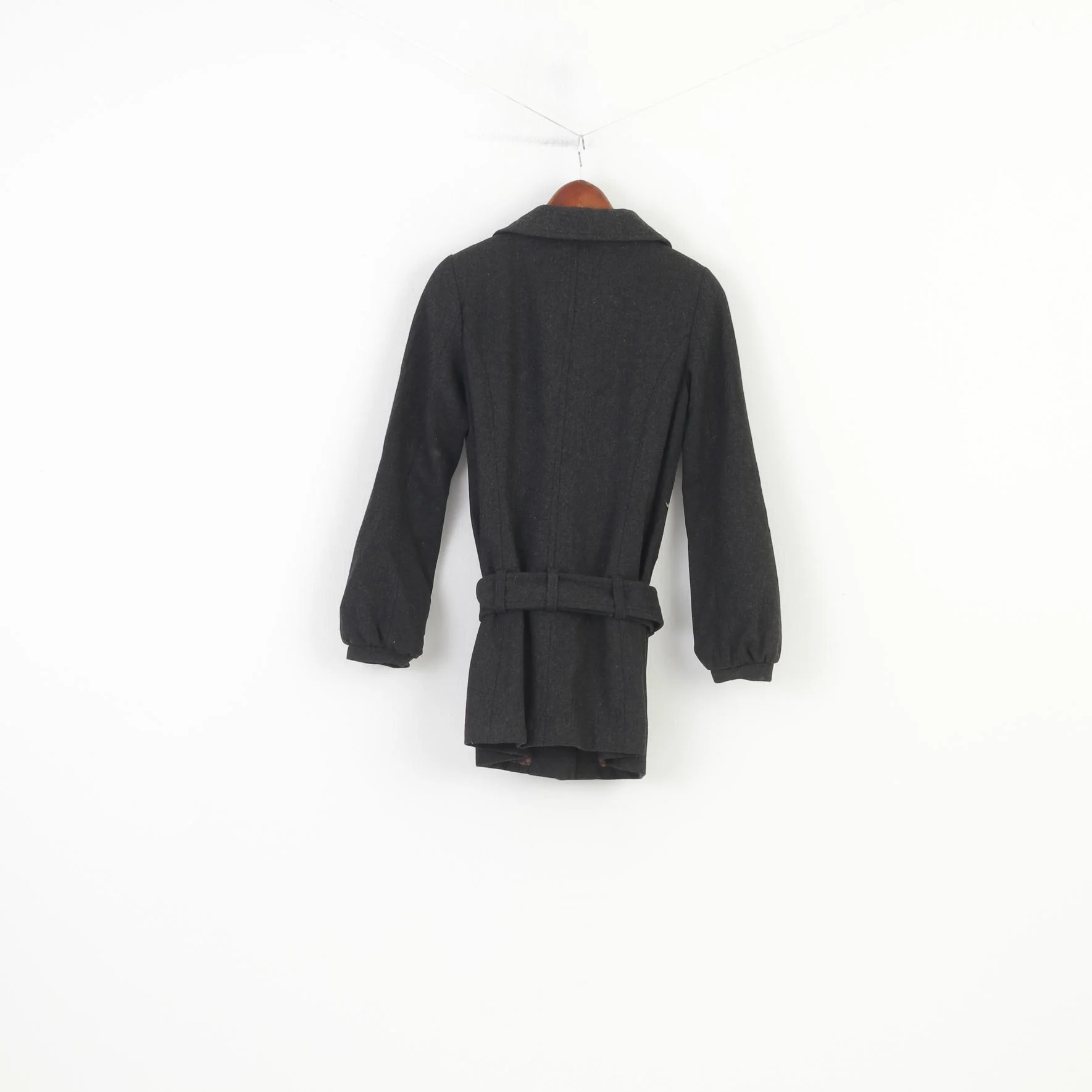 Clockhouse Women 34 S Coat Jacket Dark Grey Wool Bottoms Vintage Collar Belt Top - Image 7