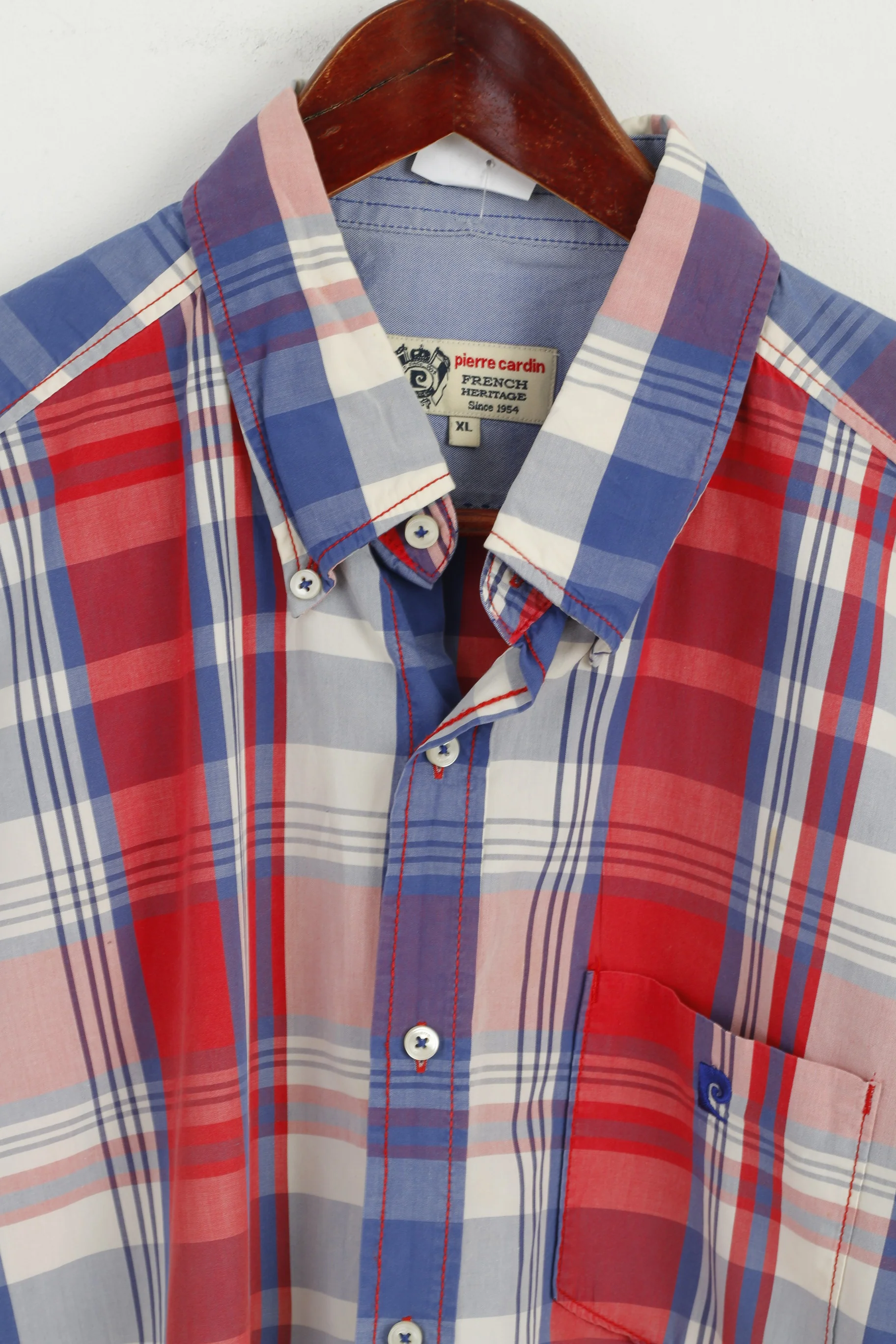 Pierre Cardin Men XL Casual Shirt French Heritage Blue Red Check Cotton Short Sleeve Top - Image 2