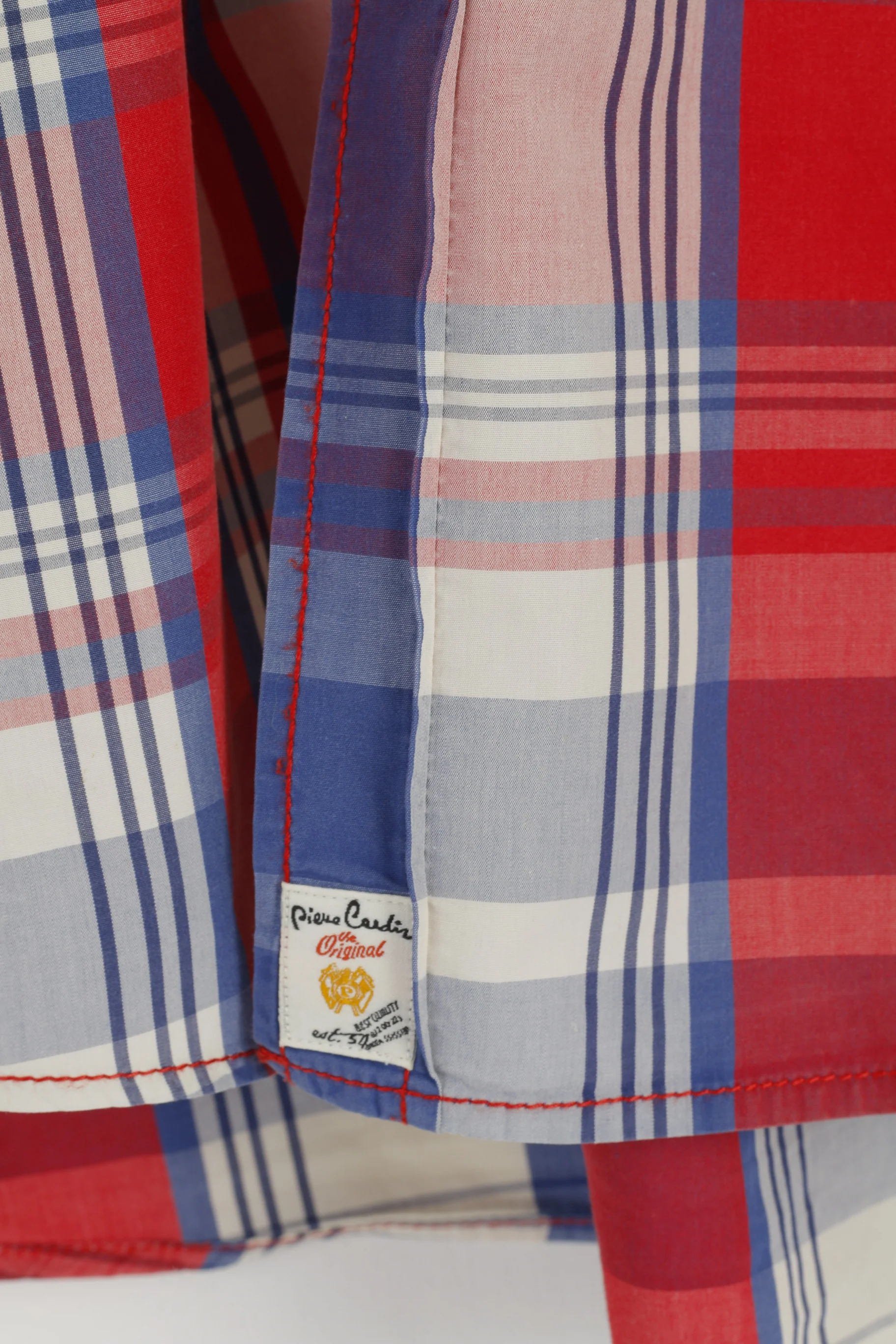 Pierre Cardin Men XL Casual Shirt French Heritage Blue Red Check Cotton Short Sleeve Top - Image 3