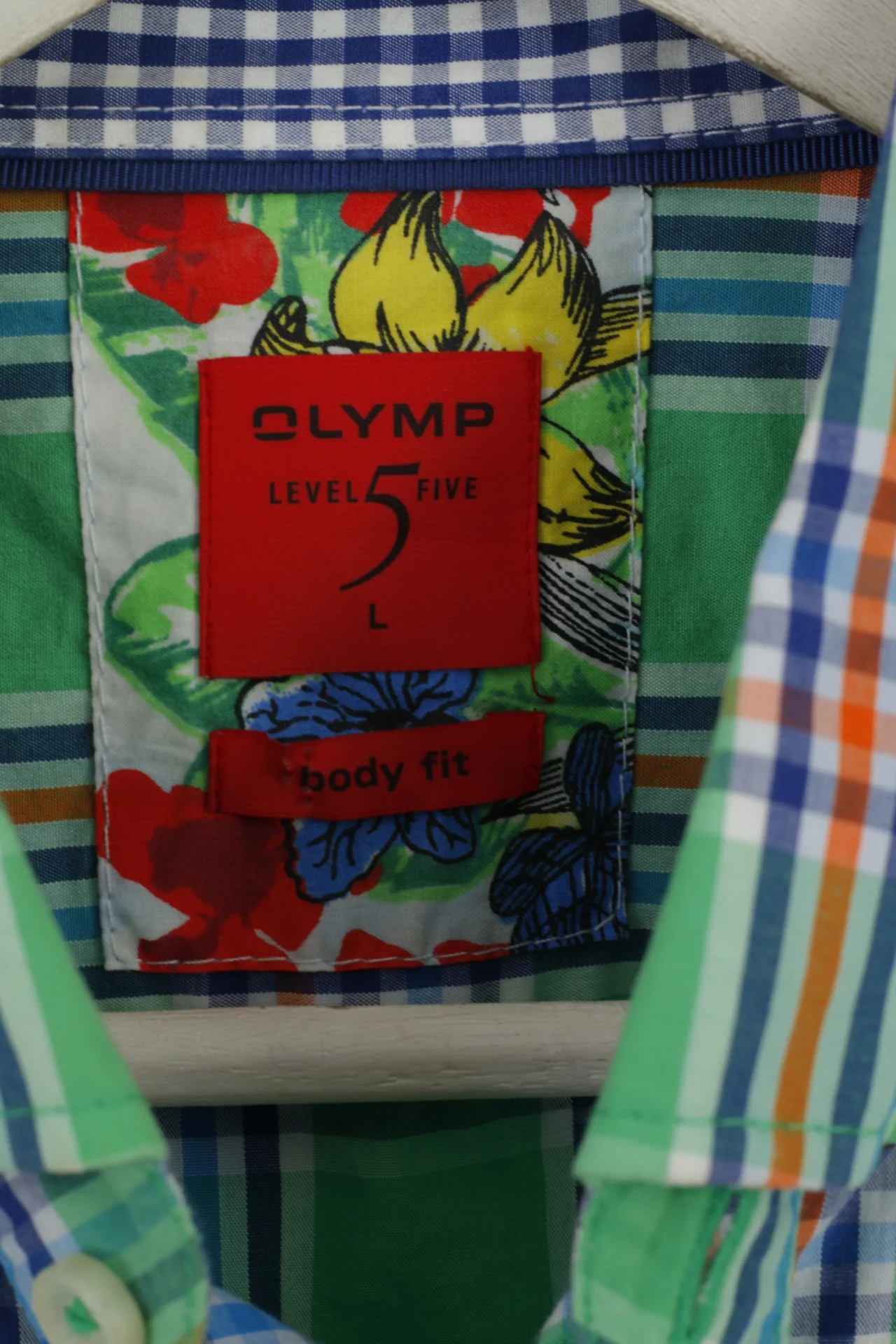 OLYMP Men L Casual Shirt Check Green Cotton Body Fit Level Five Long Sleeve Top - Image 4