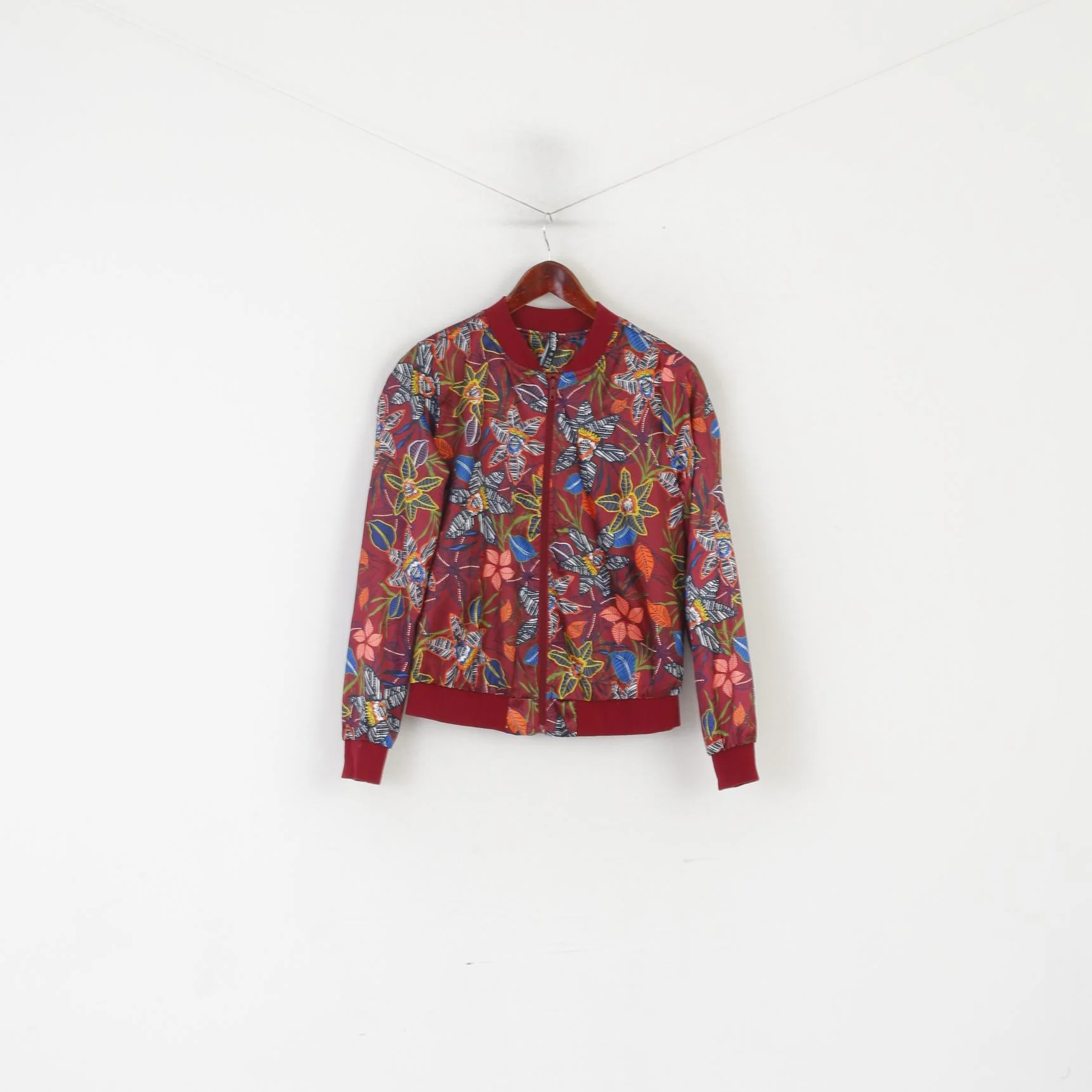 Colours of the world Women 14 42 M Bomber Jacket Maroon Floral Lightweight Top - Image 2