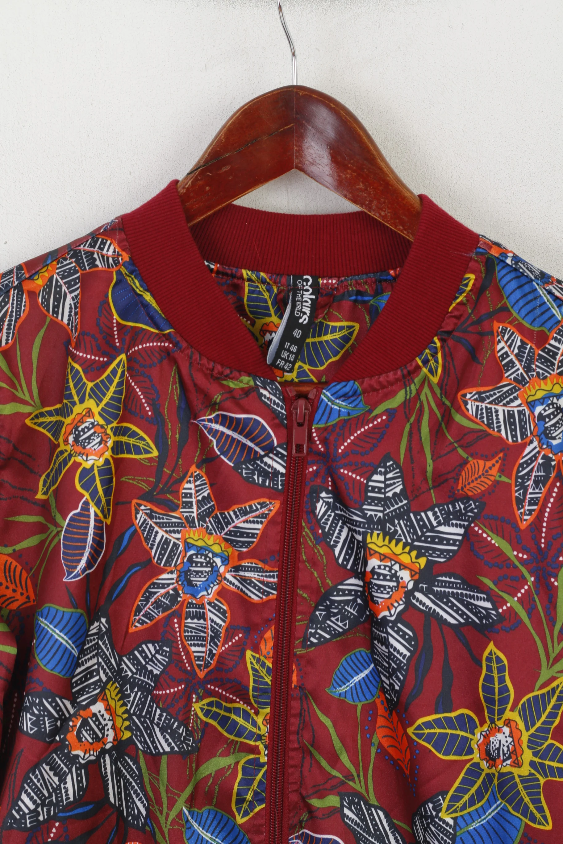 Colours of the world Women 14 42 M Bomber Jacket Maroon Floral Lightweight Top - Image 3