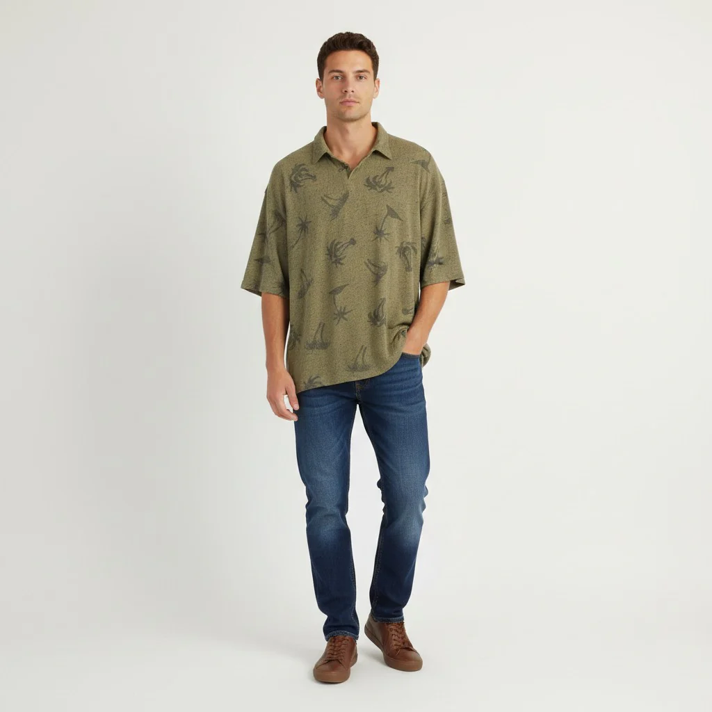 Columbia GRT Men L Polo Shirt Green Palms Print Sportswear Oversize Top