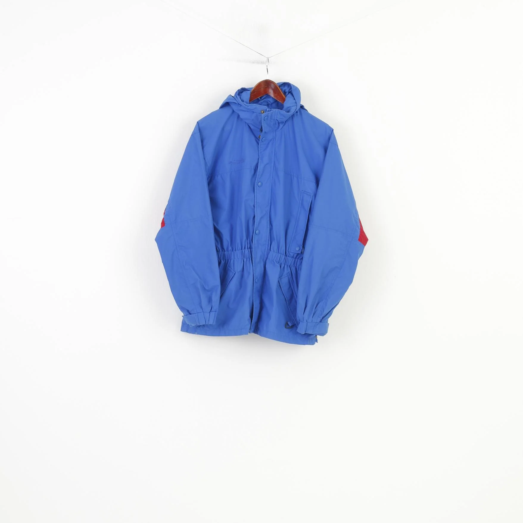 Columbia Men 164 L Jacket Parka Blue Nylon Waterprooof Full Zipper Hood Sportswear Company Vintage Pockets Top