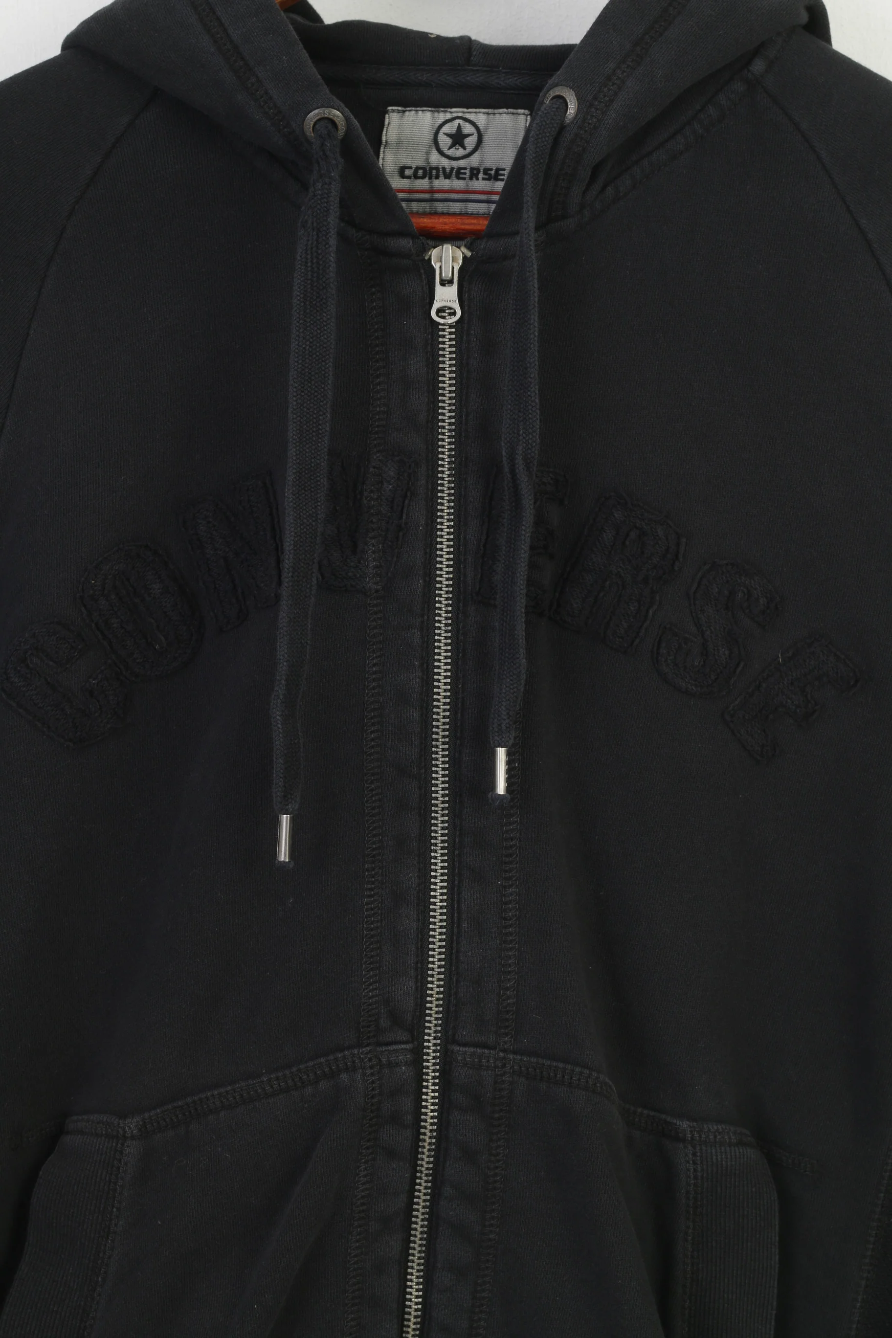 Converse Men S Sweatshirt Black Cotton Full Zipper Hood Pockets Training Hoodie Vintage Sport Top - Image 4