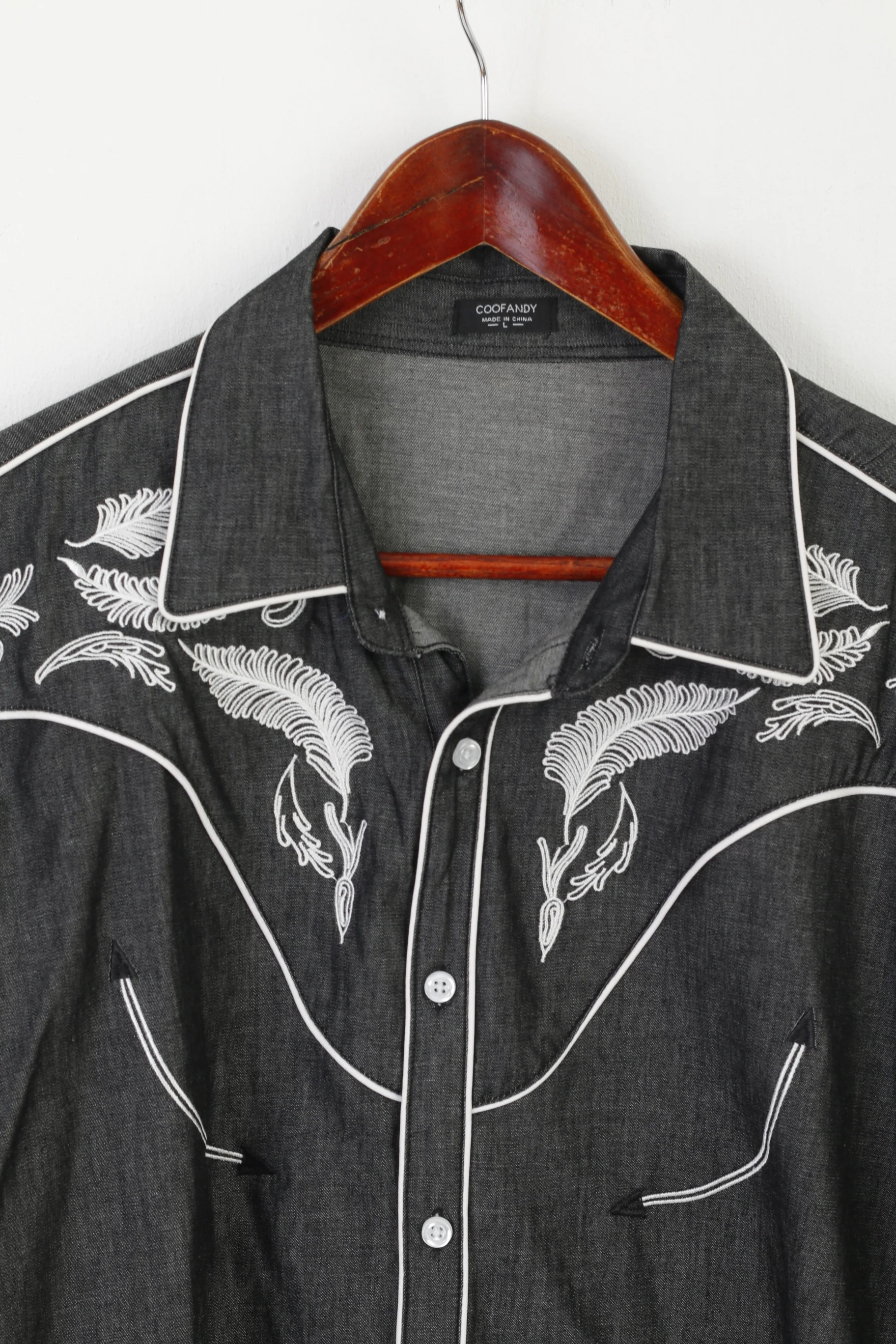 Coofandy Men L Casual Shirt Gray Emroidered Cotton Long Sleeve Western Top - Image 2