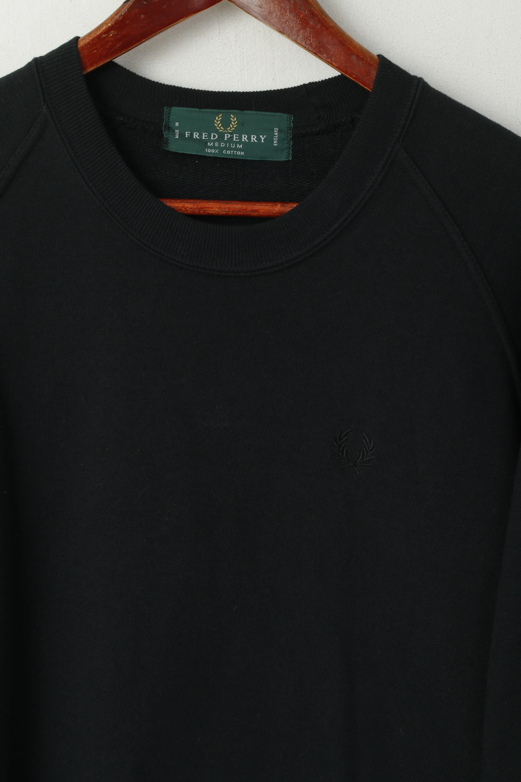 Fred Perry Men M Shirt Black 100% Cotton Heavy Sweat Crew Neck Vintage Top - Image 2