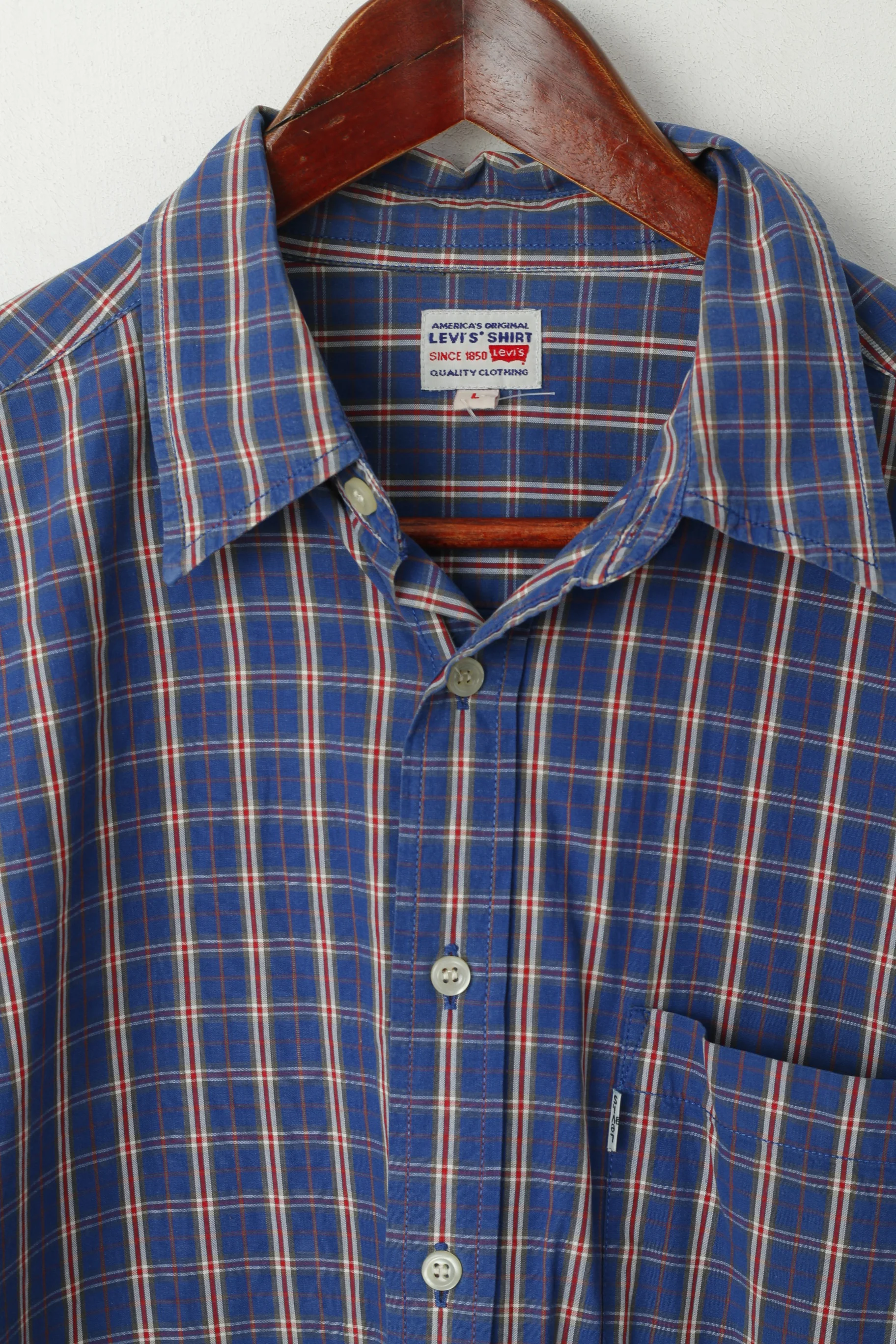 Levi's Men L Casual Shirt Blue Checkered 100% Cotton Pocket Long Sleeve Top - Image 2